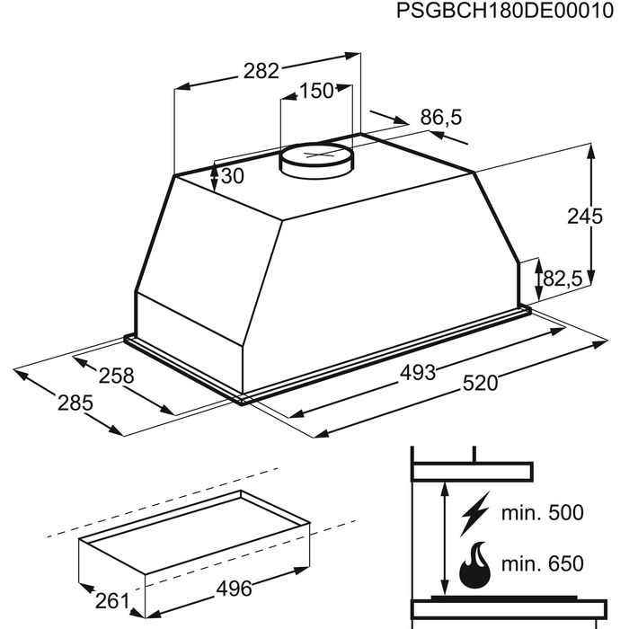 Konyhai páraelszívó diagramja mm-ben megadott méretekkel. Külön rajzot és diagramot is tartalmaz a minimális távolságokhoz.