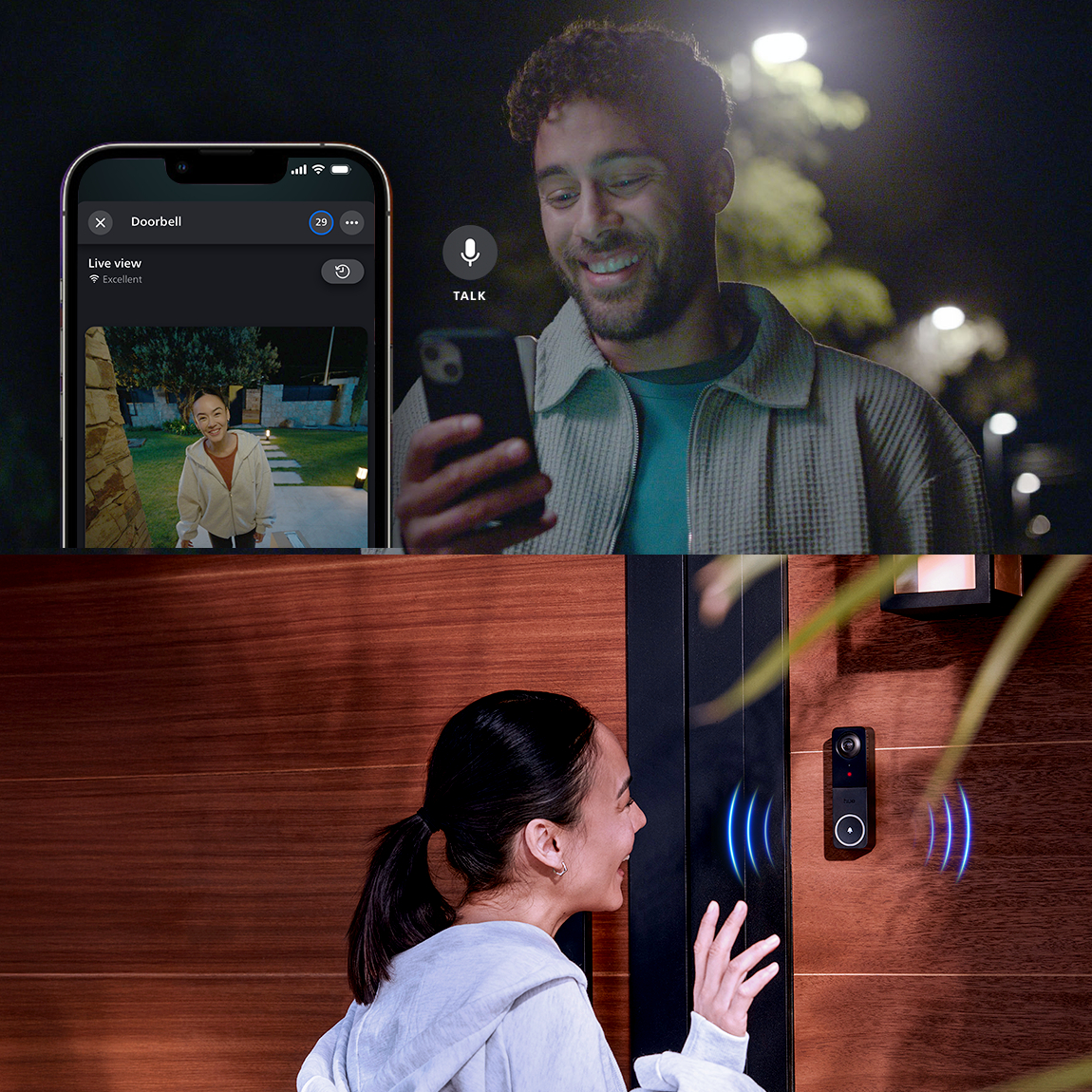 Ein Mann spricht am Telefon mit einer Frau an der Tür. Die Frau schaut auf die Türklingel. Telefon zeigt Live-Ansicht.
