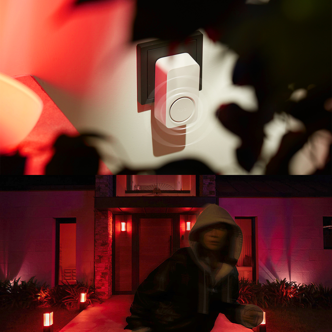Eine Person mit Kapuzenjacke nähert sich einem Haus mit roten Lichtern. Eine Türklingel ist an der Wand montiert.