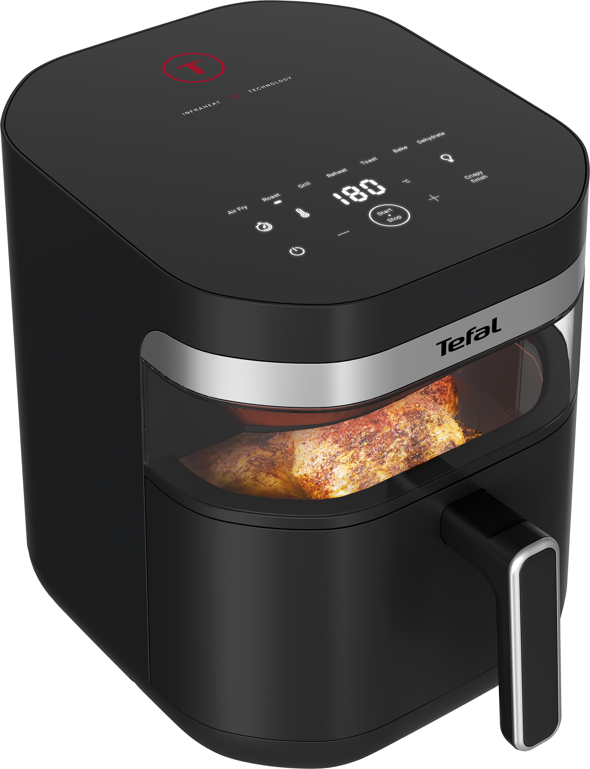 Fekete Tefal air fryer csirke belsejével. Digitális kijelző 180 fokkal. Vezérlőgombok láthatók.
