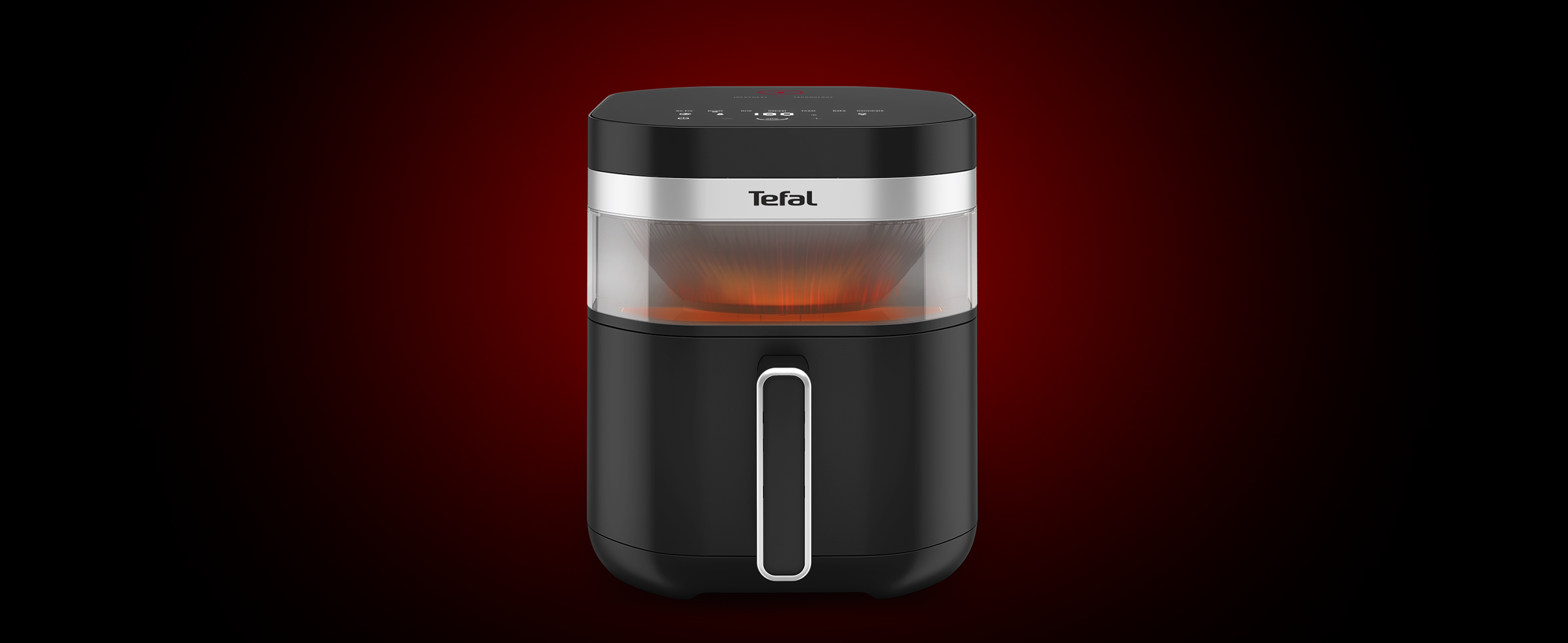 Fekete Tefal légkeveréses fritőz. Fogantyúja és átlátszó része van. A háttér sötétvörös.