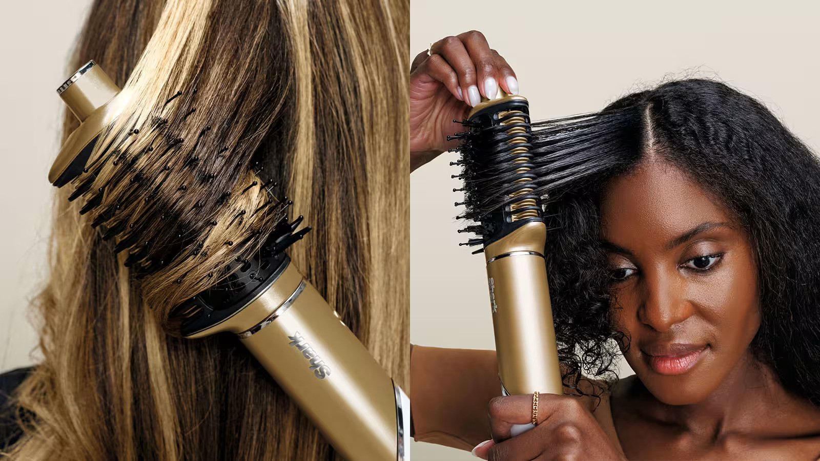 Kobieta używa złotej szczotki do stylizacji włosów. Blond włosy po lewej. Czarne włosy stylizowane po prawej. Widoczne logo Shark.
