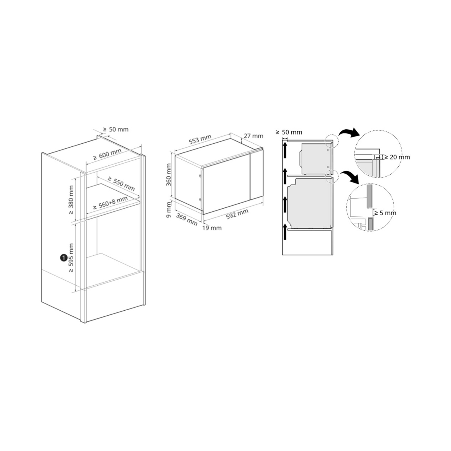 Diagramma di un armadio con dimensioni. Include misure come 595 mm, 380 mm e 600 mm. Mostra dettagli interni con 20 mm e 5 mm.