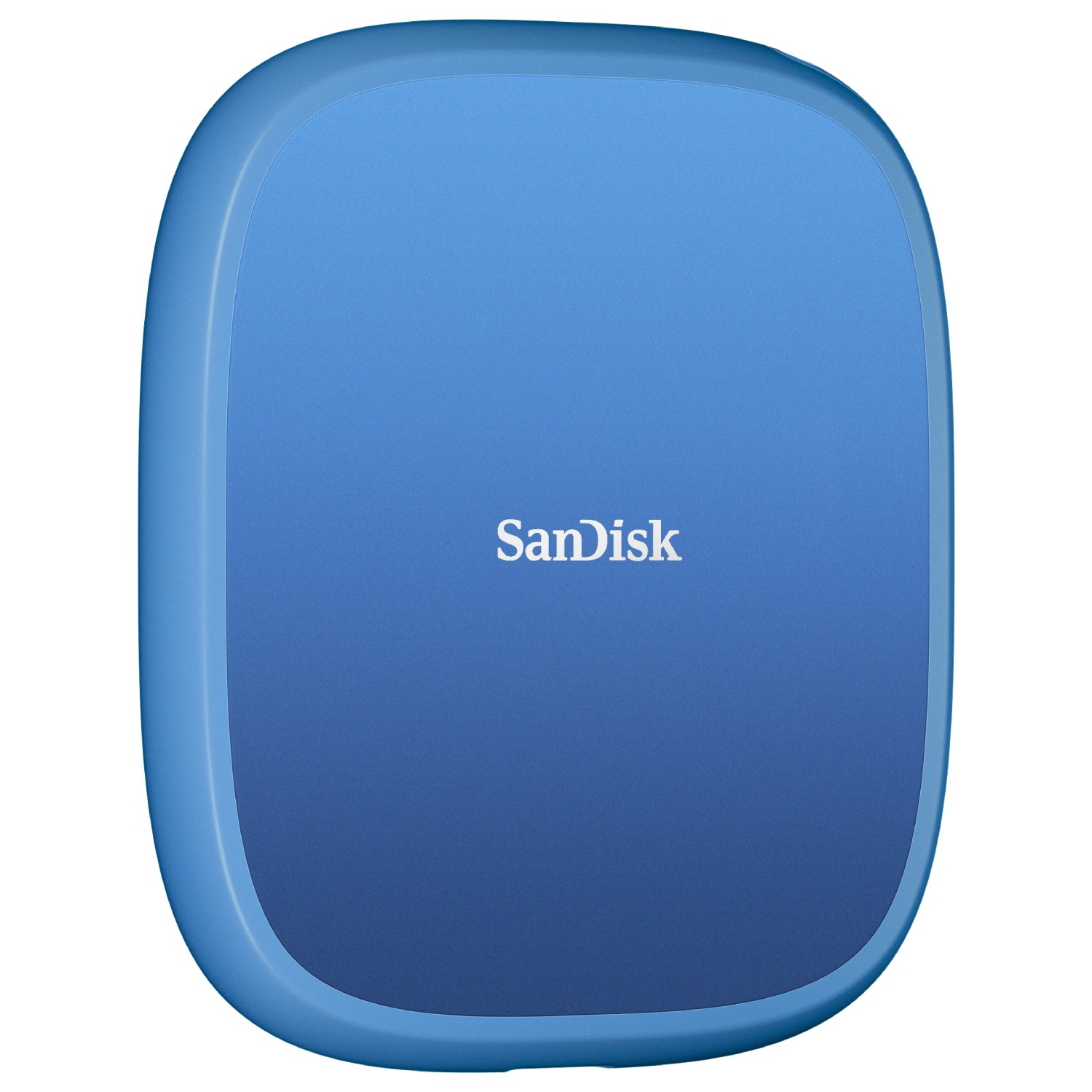 Un disco duro externo Sandisk azul. Tiene forma cuadrada redondeada con el nombre de la marca en letras blancas.