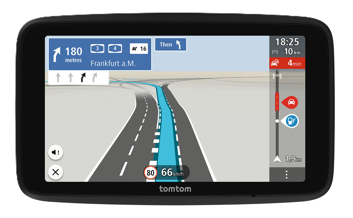 Ein TomTom-Navigationsbildschirm zeigt eine Karte mit Wegbeschreibungen. Es zeigt Entfernung, Geschwindigkeitsbegrenzung und geschätzte Ankunftszeit an.