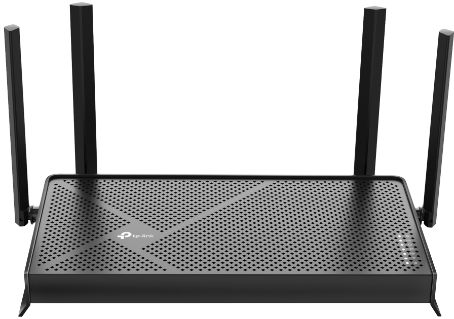 Fekete TP-Link router négy antennával. Perforált a teteje és több jelzőfénye van. A logó látható.
