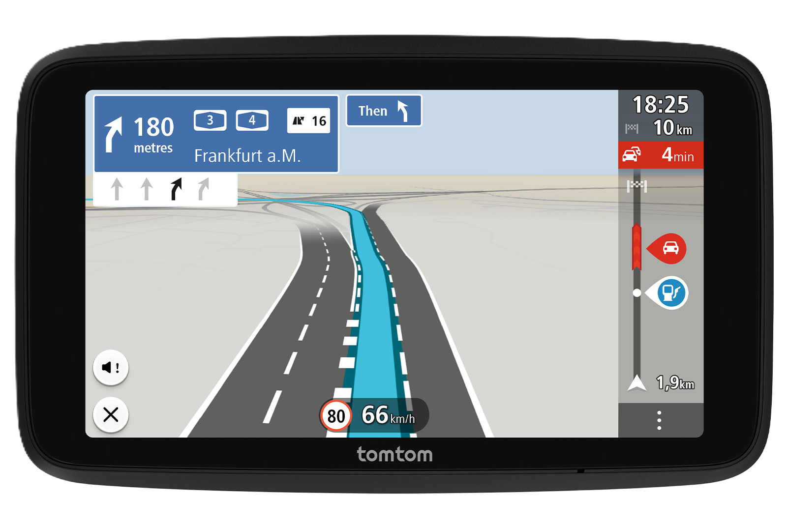 Ein TomTom-GPS zeigt eine Route. Es zeigt Straßeninformationen, Geschwindigkeit und Entfernung nach Frankfurt a.M. mit schwarzem Rahmen.