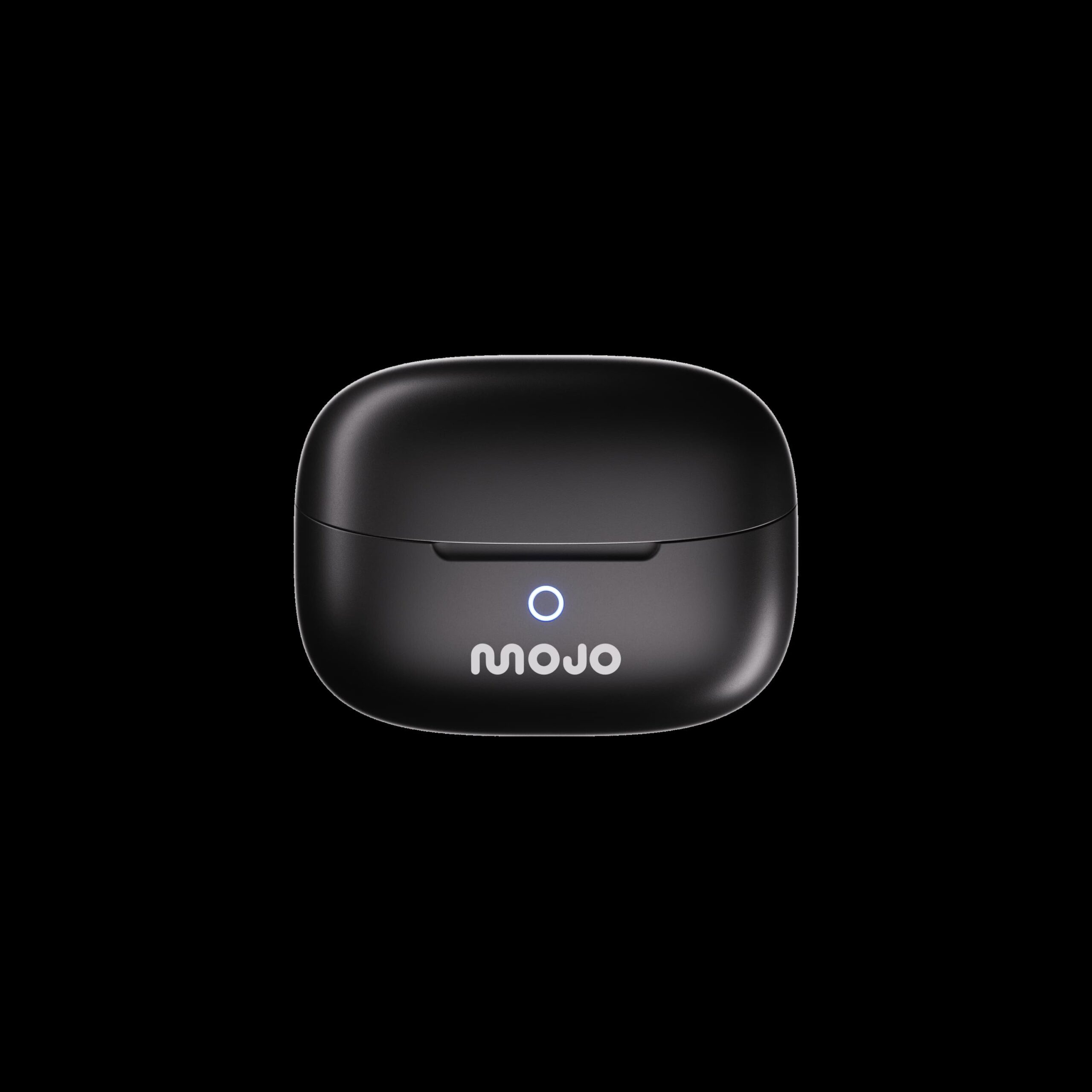 Egy fekete, lekerekített fülhallgató tok a "mojo" szóval és egy fénnyel. A háttér fekete.