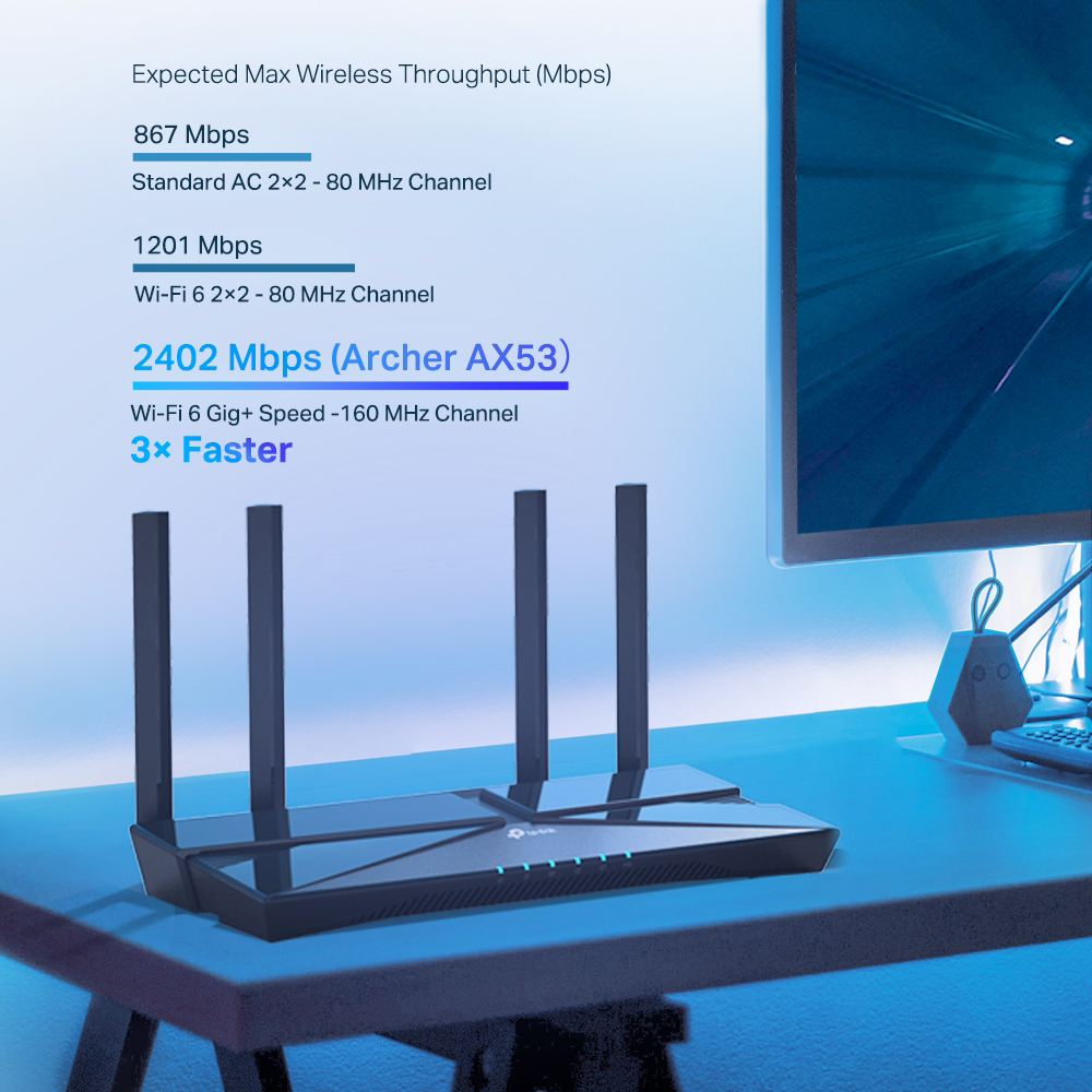 Egy fekete router négy antennával egy asztalon. A szöveg az átviteli sebességeket mutatja. Egy számítógép monitor a háttérben.
