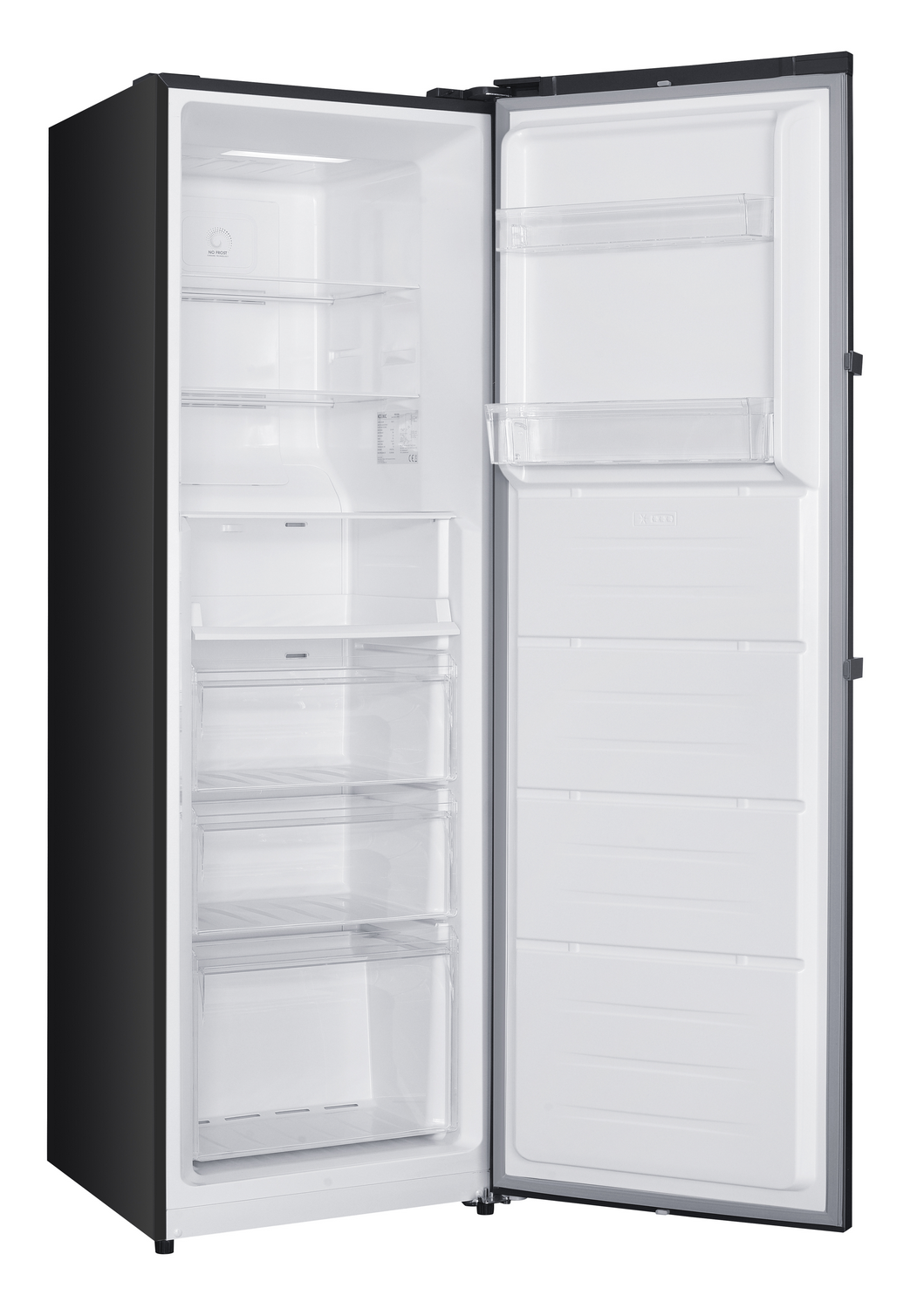 Refrigerador negro abierto. En el interior, se ven estantes blancos y cajones transparentes. La puerta está abierta, revelando el interior.