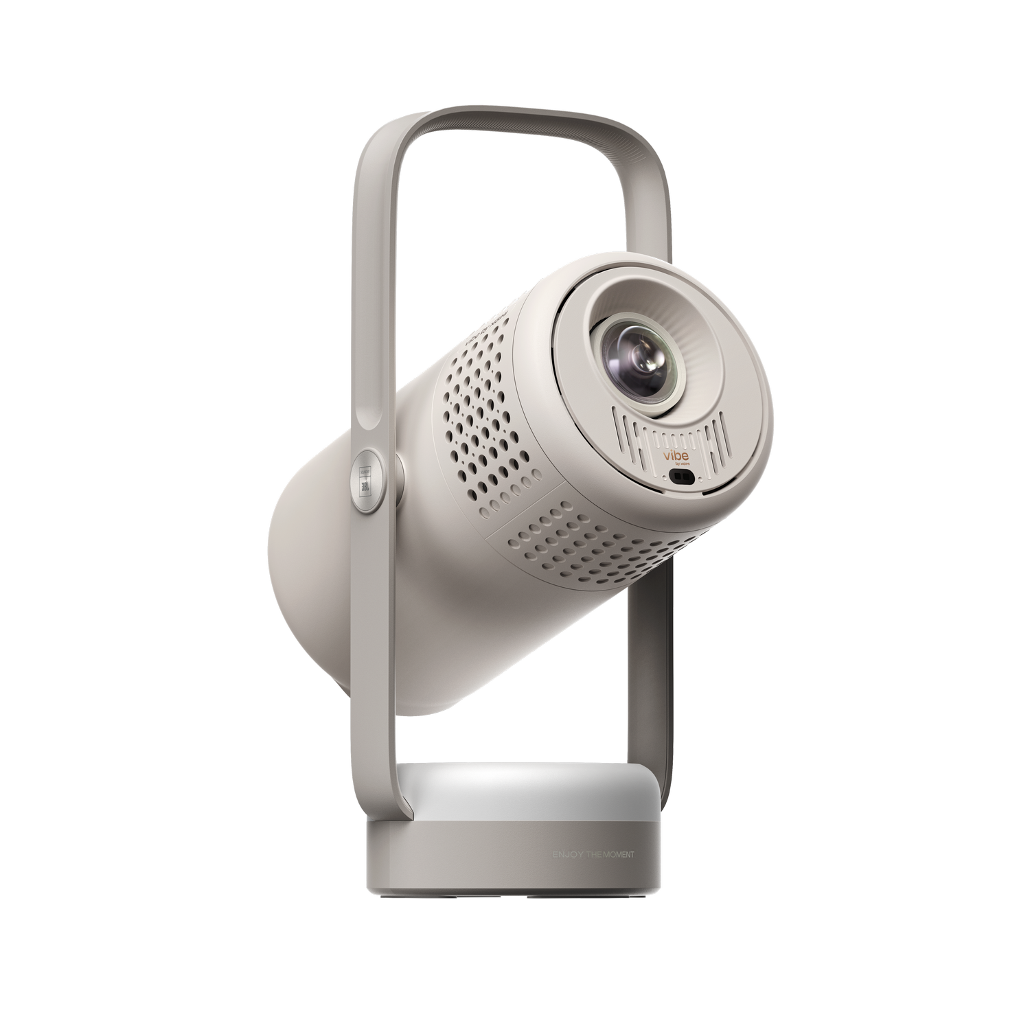 Un proyector beige con asa y soporte. El proyector tiene una lente y orificios para altavoces. El fondo es gris.