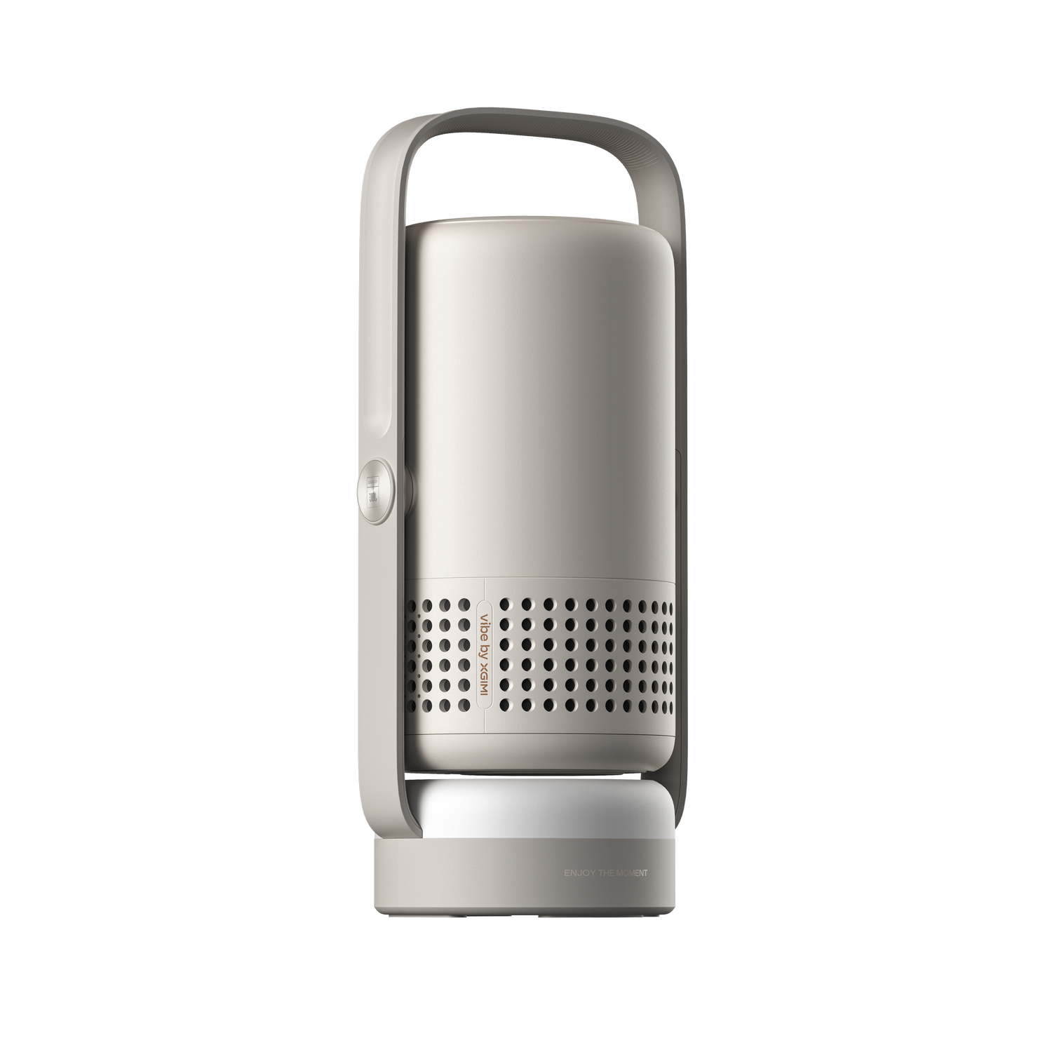 Un altavoz cilíndrico beige con asa. Tiene una sección superior perforada y está etiquetado como 'vibe by XGIMI'. El fondo es gris.