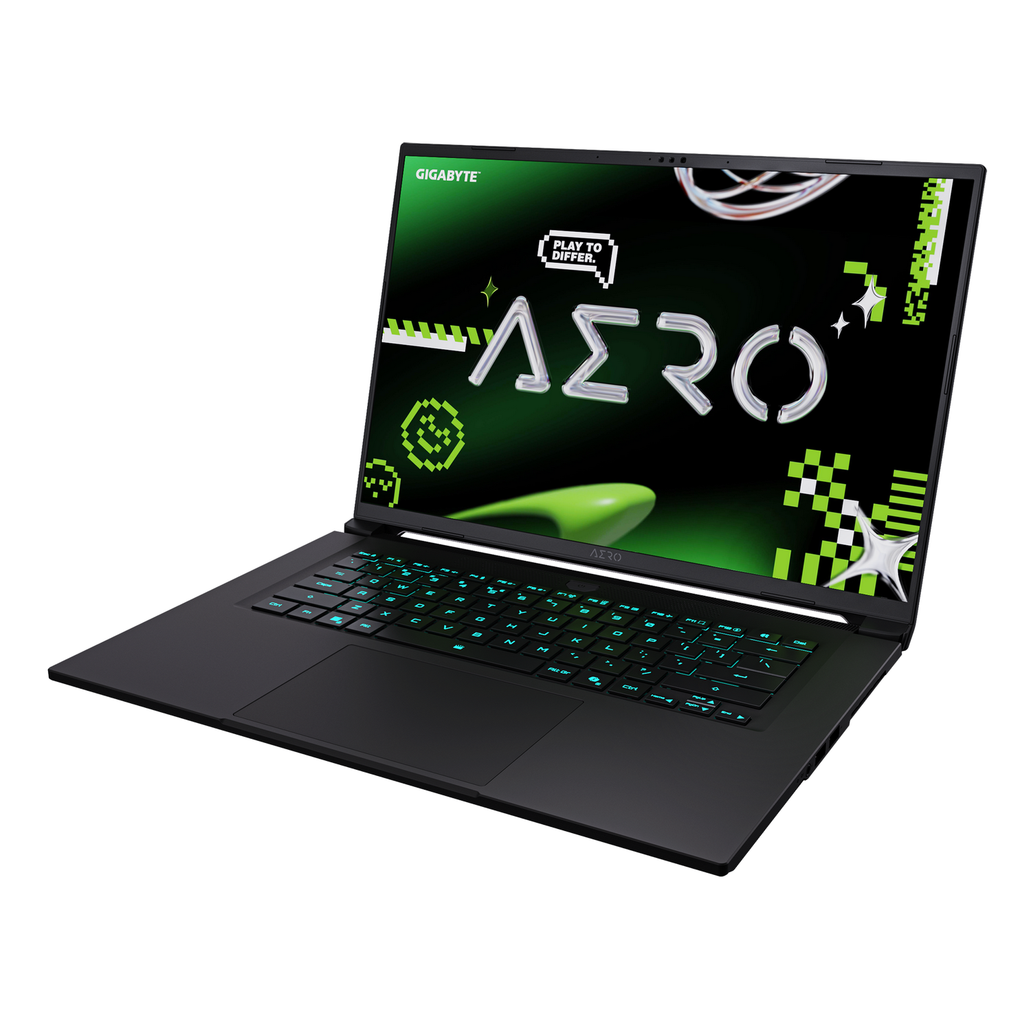 Un portátil negro con teclado retroiluminado muestra un gráfico verde y negro. La pantalla dice 'AERO' y 'PLAY TO DIFFER.' 