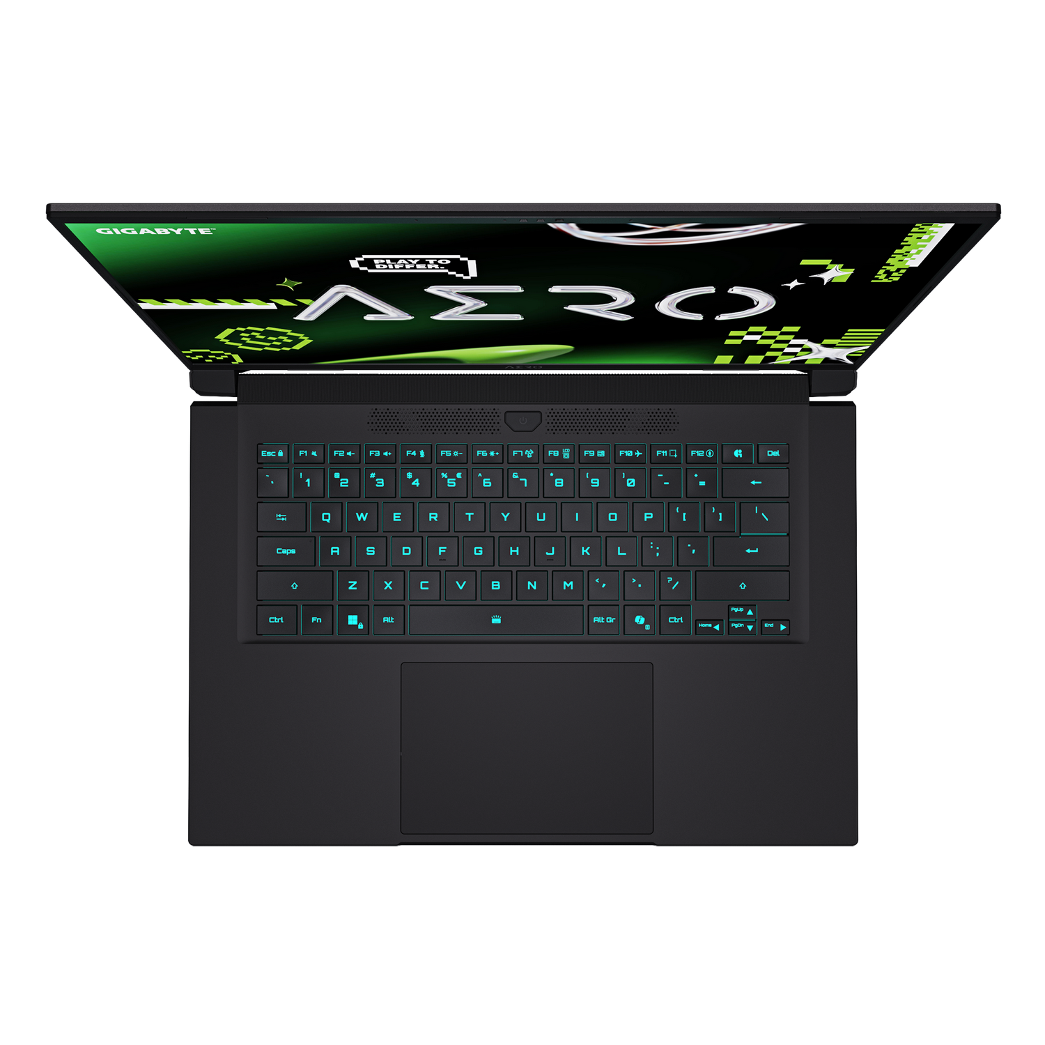 Vista superior de un portátil negro con teclado iluminado en verde. La pantalla muestra un diseño verde y blanco. La marca es Gigabyte.