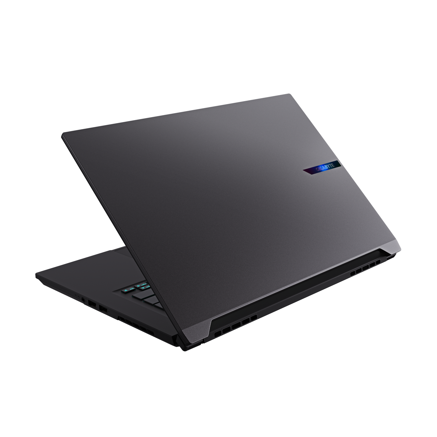 Una laptop gris oscuro está abierta sobre un fondo gris. El logo de GIGABYTE es visible. El teclado es negro con letras turquesa.