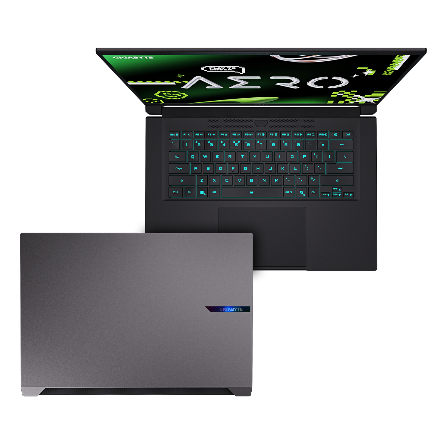 Una computadora portátil negra está abierta, mostrando un teclado y una pantalla con acentos verdes. Una computadora portátil cerrada está debajo. El fondo es gris.
