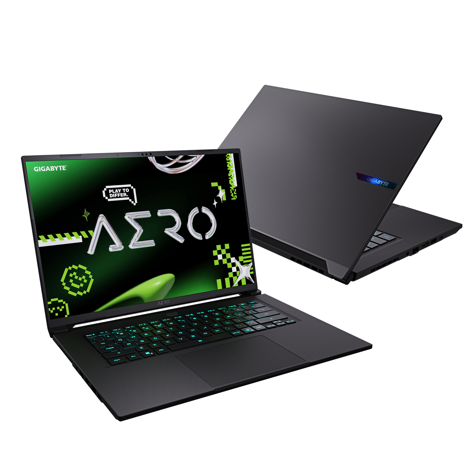Dos portátiles Gigabyte Aero negros. Uno abierto, mostrando una pantalla verde. El otro cerrado con el logo Gigabyte. Ambos sobre fondo gris.