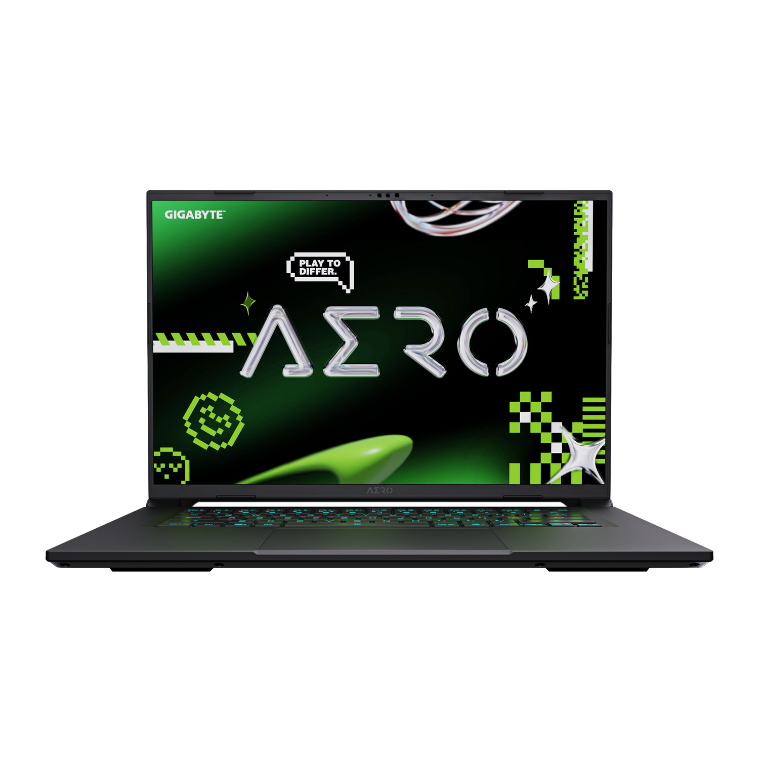 Laptop Aero con pantalla verde con logo y texto. El teclado es negro con luces azules. Fondo gris.