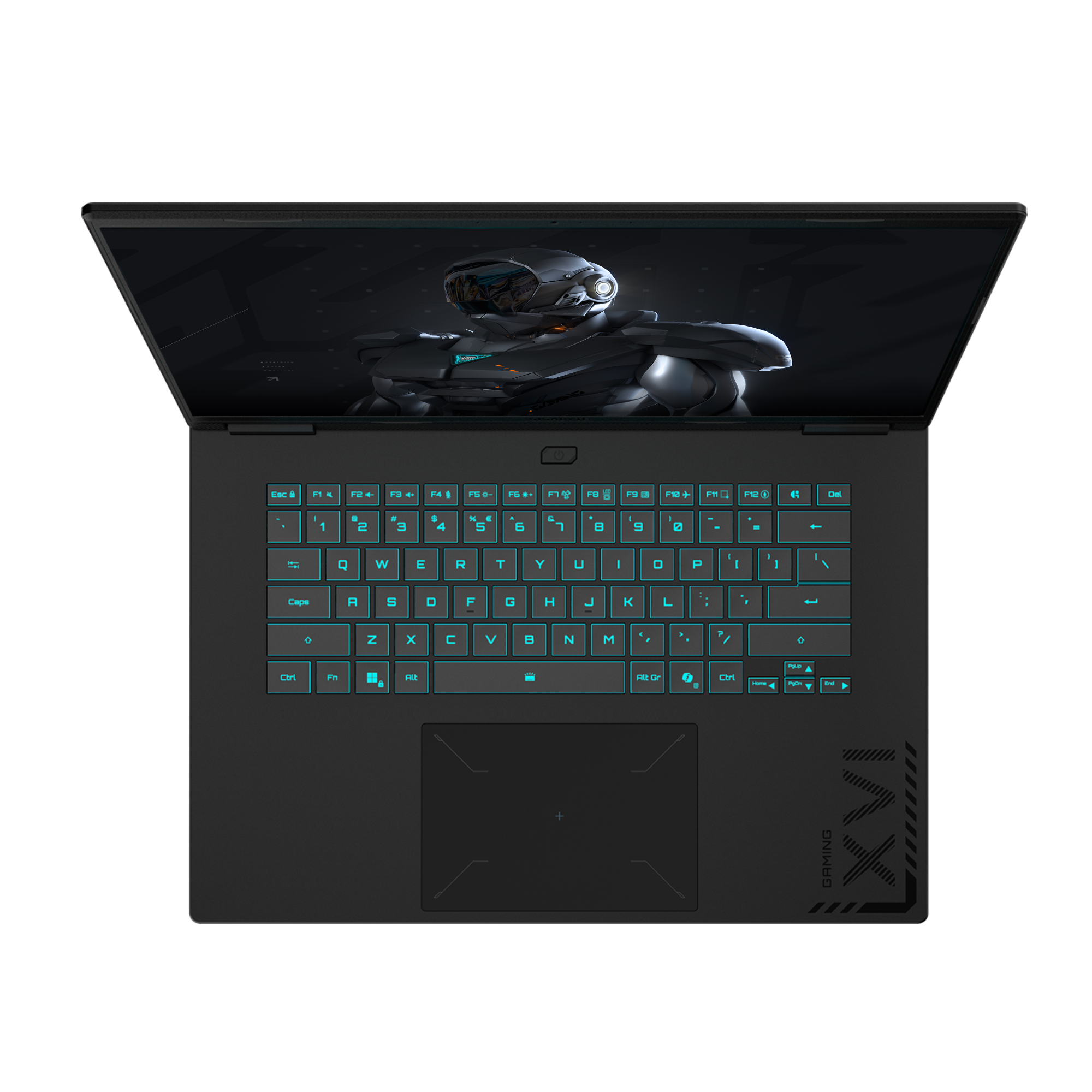 Un portátil con teclado iluminado. La pantalla muestra un personaje futurista. El teclado es negro con letras color teal.