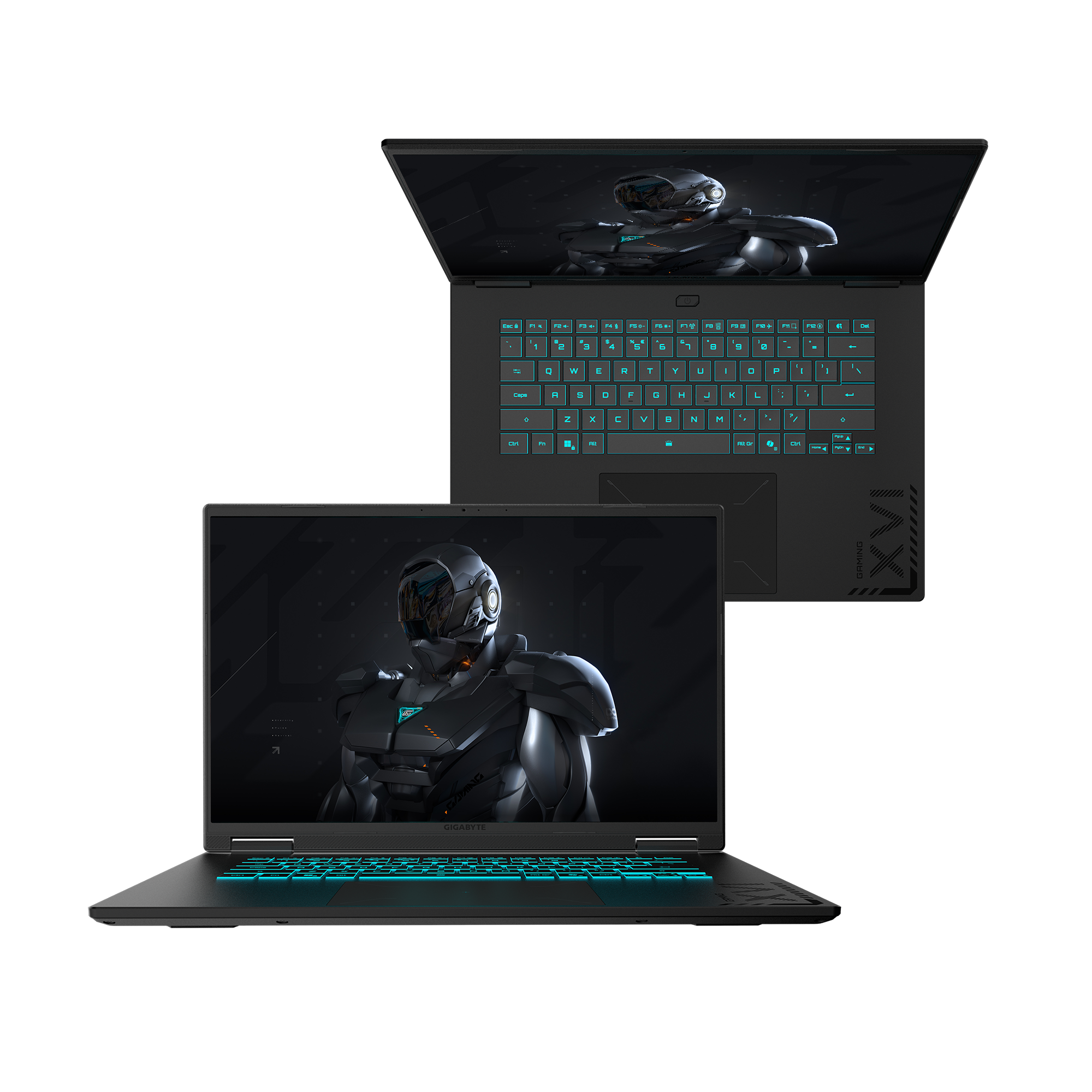 Portátil negro con teclado retroiluminado en verde azulado. Pantalla muestra figura robótica. Marca visible en la base.
