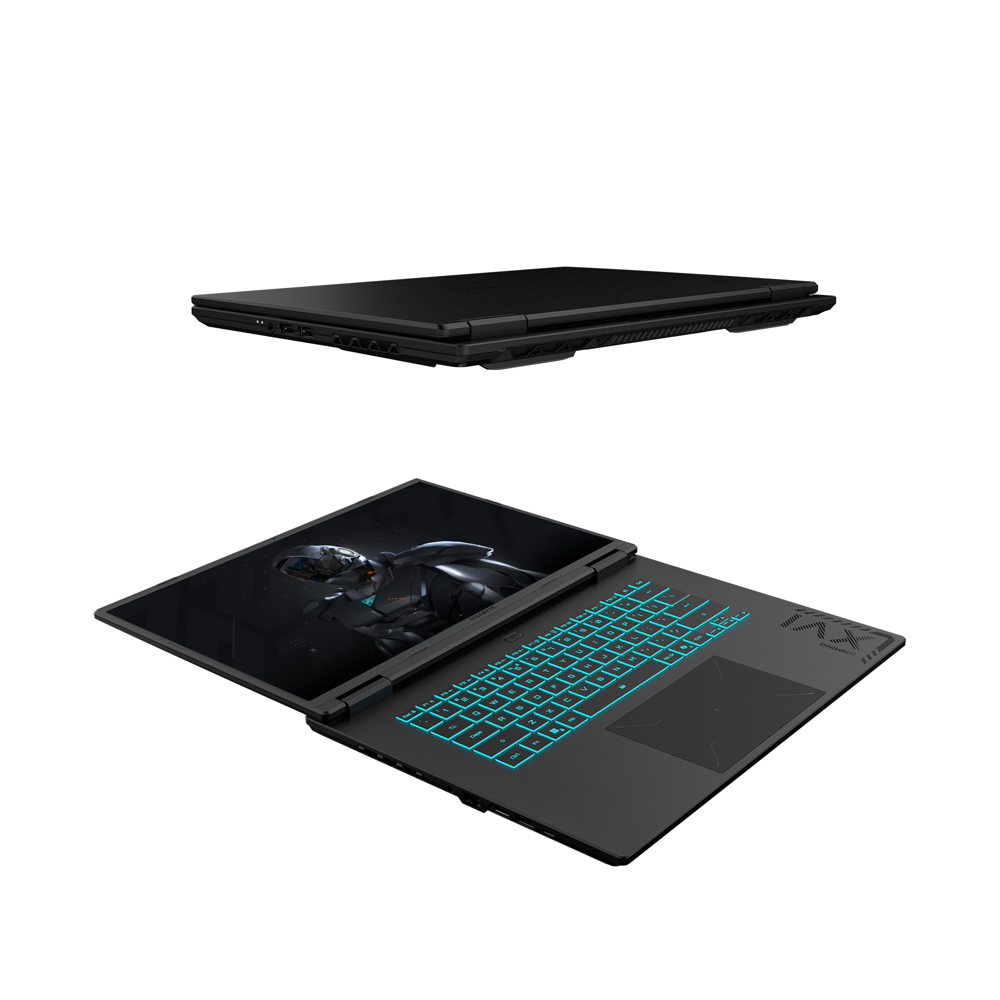 Portátil negro con pantalla abierta que muestra un diseño futurista. Teclado retroiluminado azul visible.