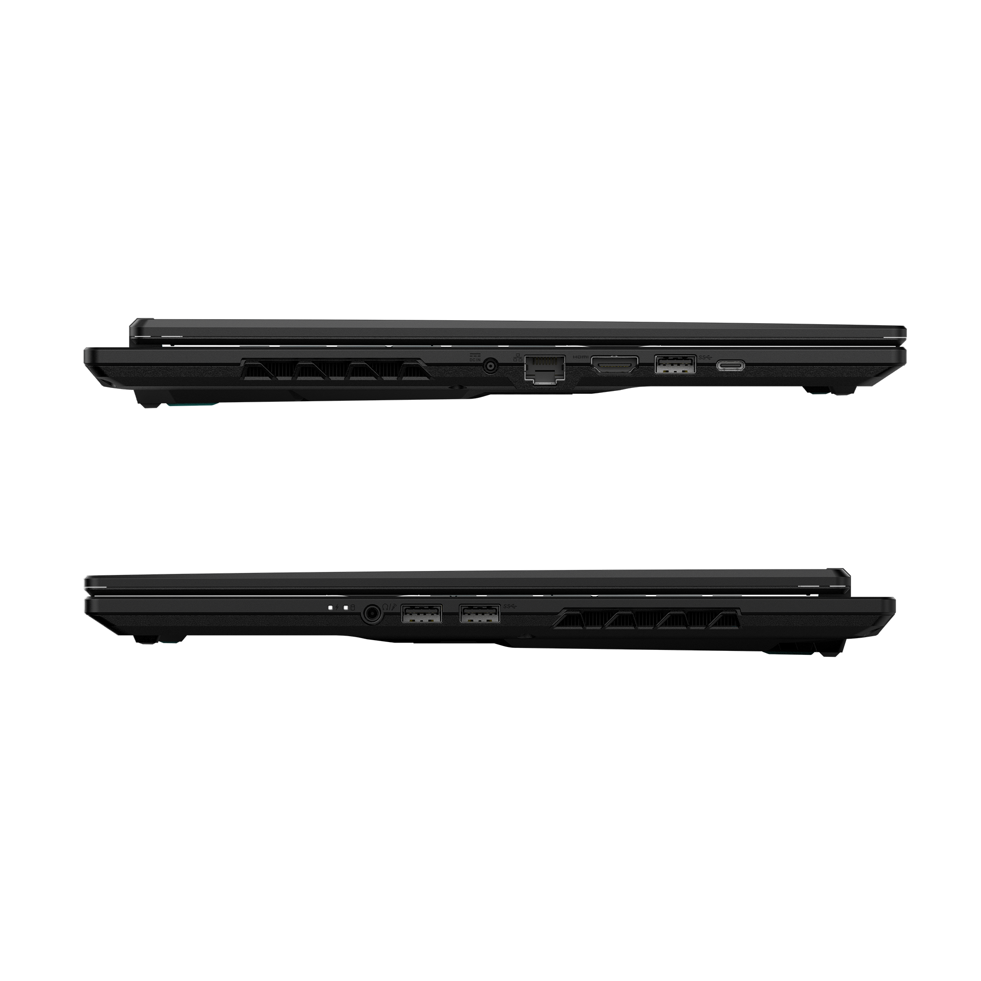 Dos portátiles negros, vista lateral. Puertos visibles: USB, HDMI, alimentación y conectores de audio. Portátil superior con ventilación.