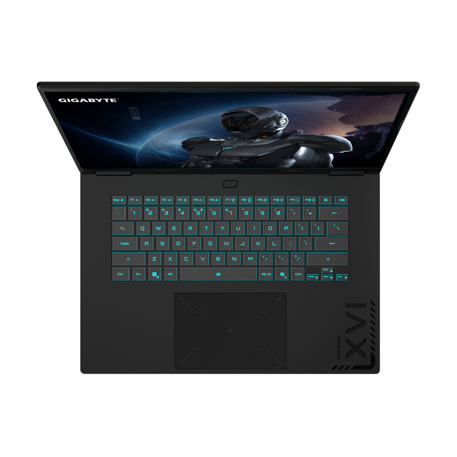 Vista superior de un portátil negro. La pantalla muestra una escena futurista. El teclado está iluminado y el panel táctil es visible.