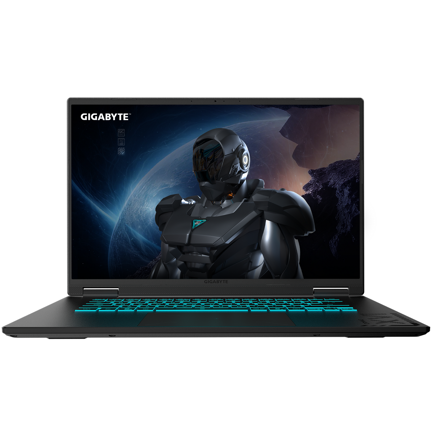 Un portátil GIGABYTE negro muestra un soldado futurista en pantalla. El teclado tiene retroiluminación azul verdoso. El fondo es gris.