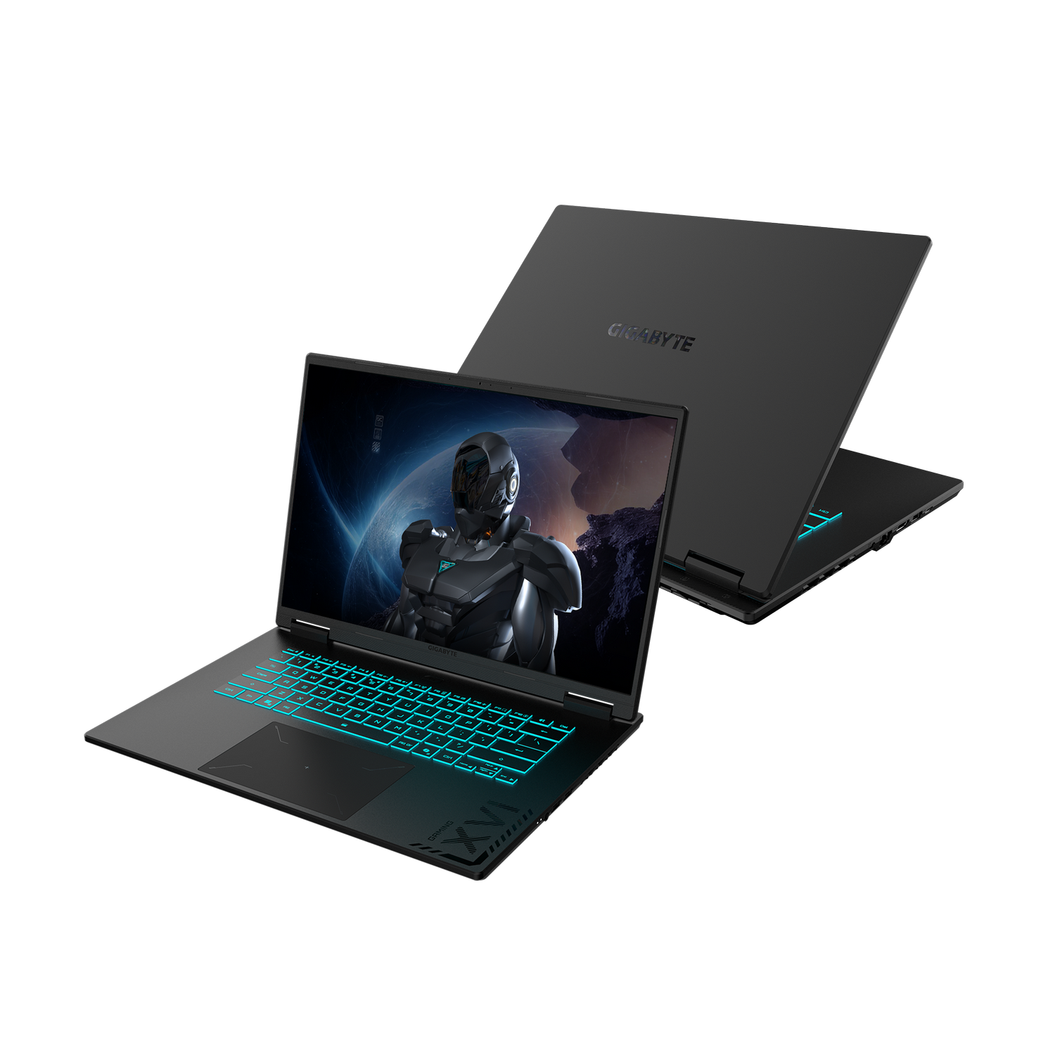 Dos portátiles GIGABYTE negros. Uno abierto, mostrando una imagen de ciencia ficción en la pantalla, el otro cerrado. Ambos tienen teclados azules brillantes.
