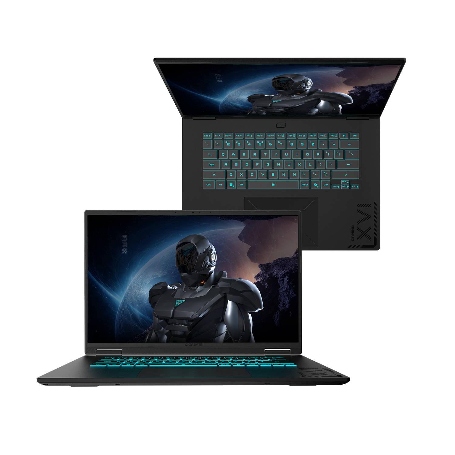 Se muestran dos portátiles negros. Las pantallas muestran un robot futurista. Los teclados tienen teclas azules brillantes. La marca GIGABYTE es visible.