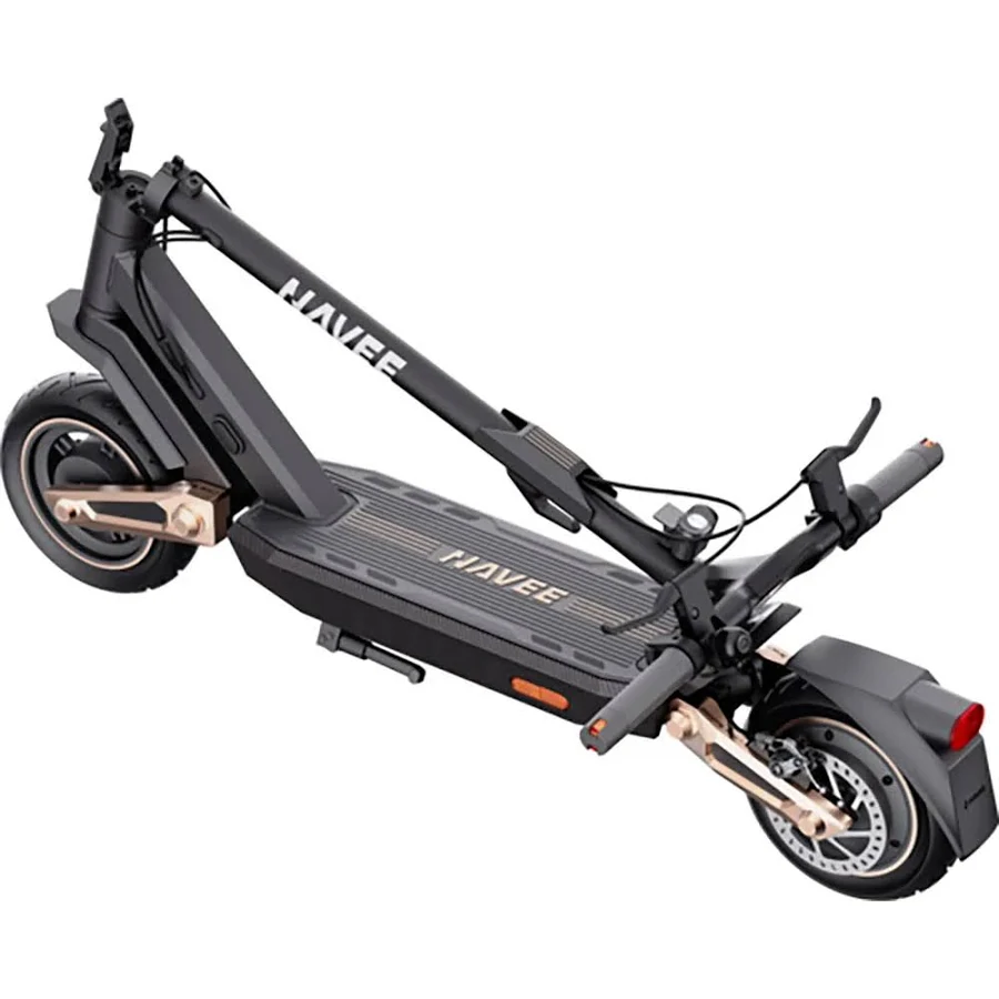 Scooter eléctrico negro y dorado sobre fondo blanco. La marca NAVEE es visible.