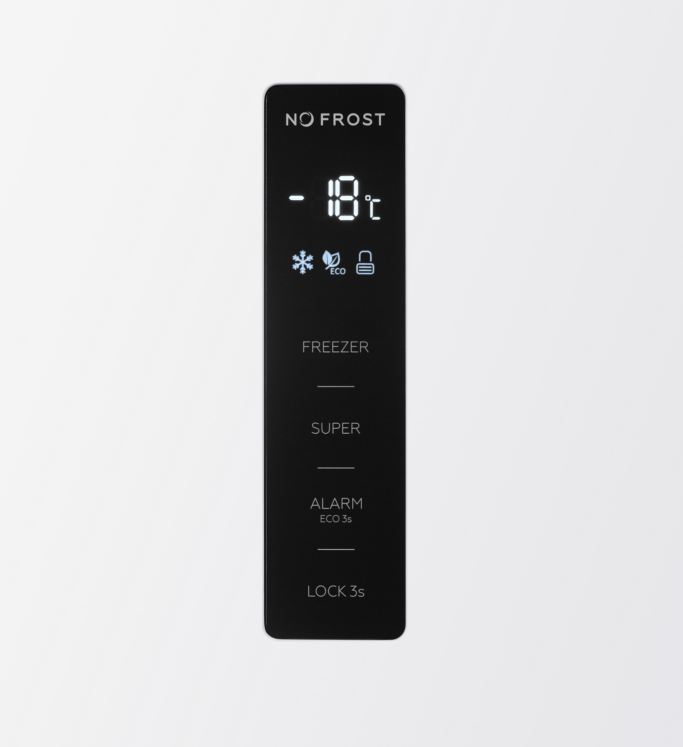 Panel de control negro del refrigerador que muestra -18°C, iconos de copo de nieve, eco y cerradura, y etiquetas de función como congelador, super, alarma y bloqueo.