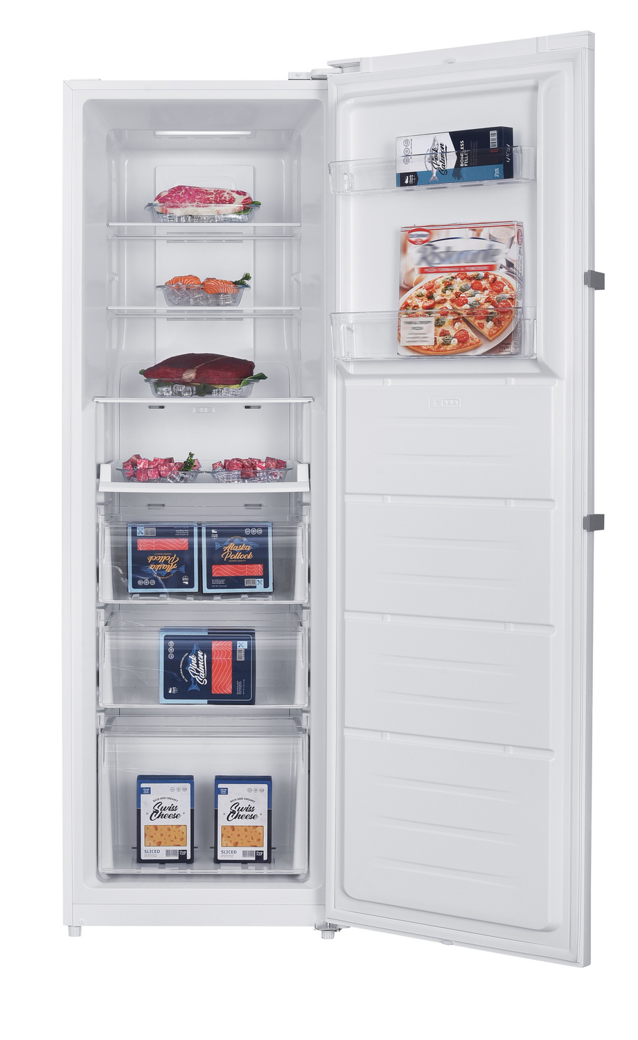 Congelador abierto con varios alimentos congelados: carne, pescado, pizza y queso. El congelador es blanco y está abierto.