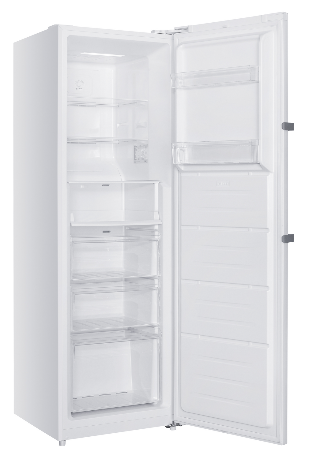 Un refrigerador blanco y abierto. La puerta está a la derecha, revelando estantes y cajones. El interior es blanco y limpio.