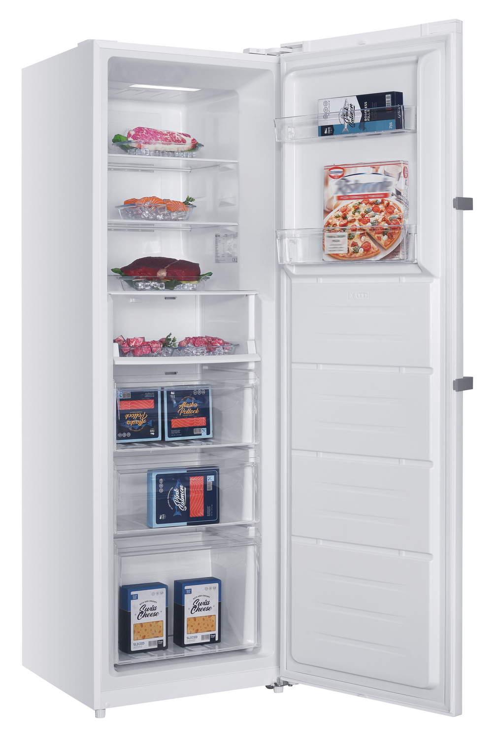 Congelador blanco abierto con alimentos: carne, pescado, pizza y queso. Estantes y cajones visibles, llenos de artículos congelados.