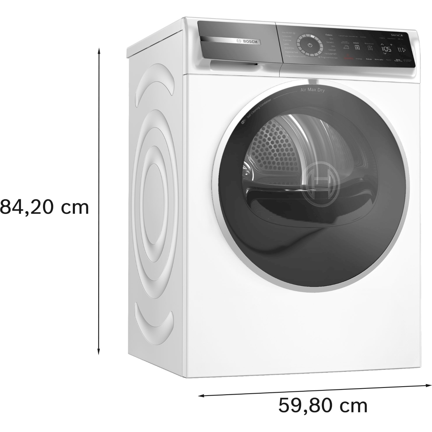 Un'asciugatrice Bosch bianca con porta e pannello di controllo neri. Dimensioni: 84,20 cm di altezza e 59,80 cm di larghezza.