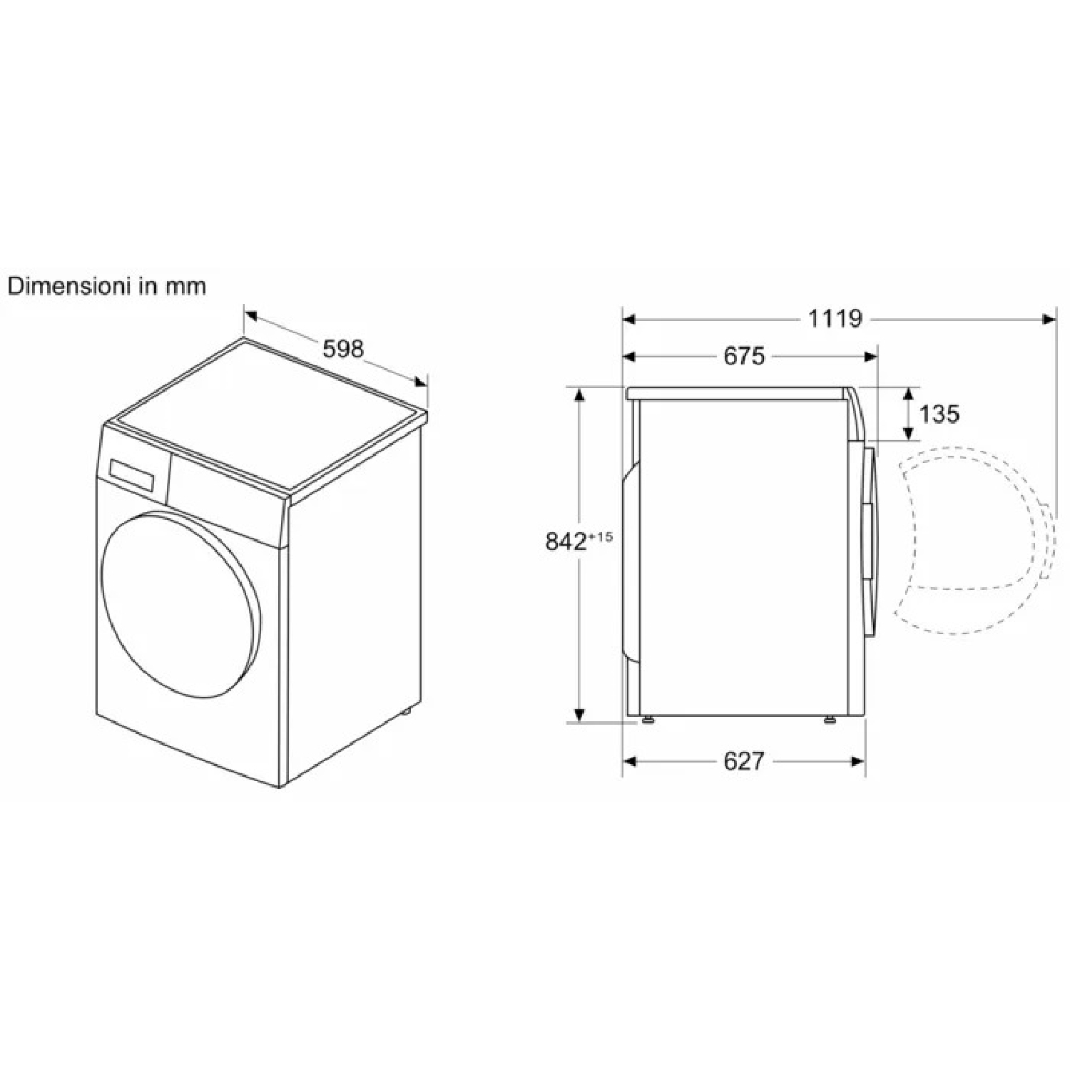 Diagramma di una lavatrice con dimensioni in millimetri. Mostra viste frontali e laterali con misure di altezza, larghezza e profondità.