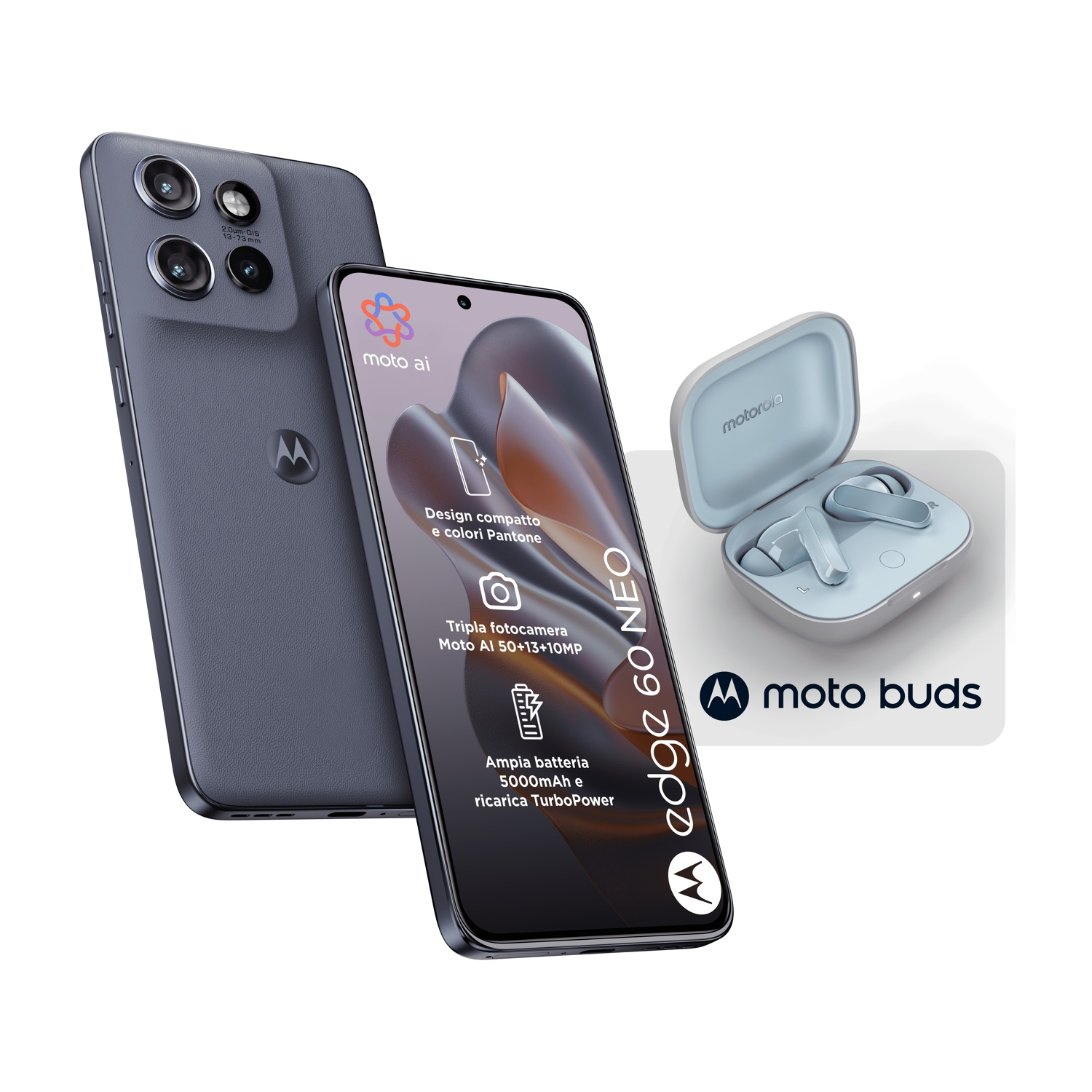 L'immagine mostra un telefono Motorola grigio, auricolari e custodia di ricarica. Il testo descrive le funzionalità come la fotocamera, la batteria e il design.