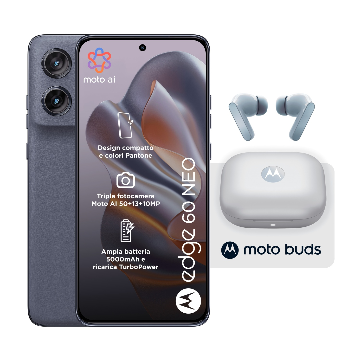 Vengono mostrati uno smartphone e auricolari. Il telefono è blu scuro con uno schermo che mostra le funzioni. Gli auricolari sono azzurri.