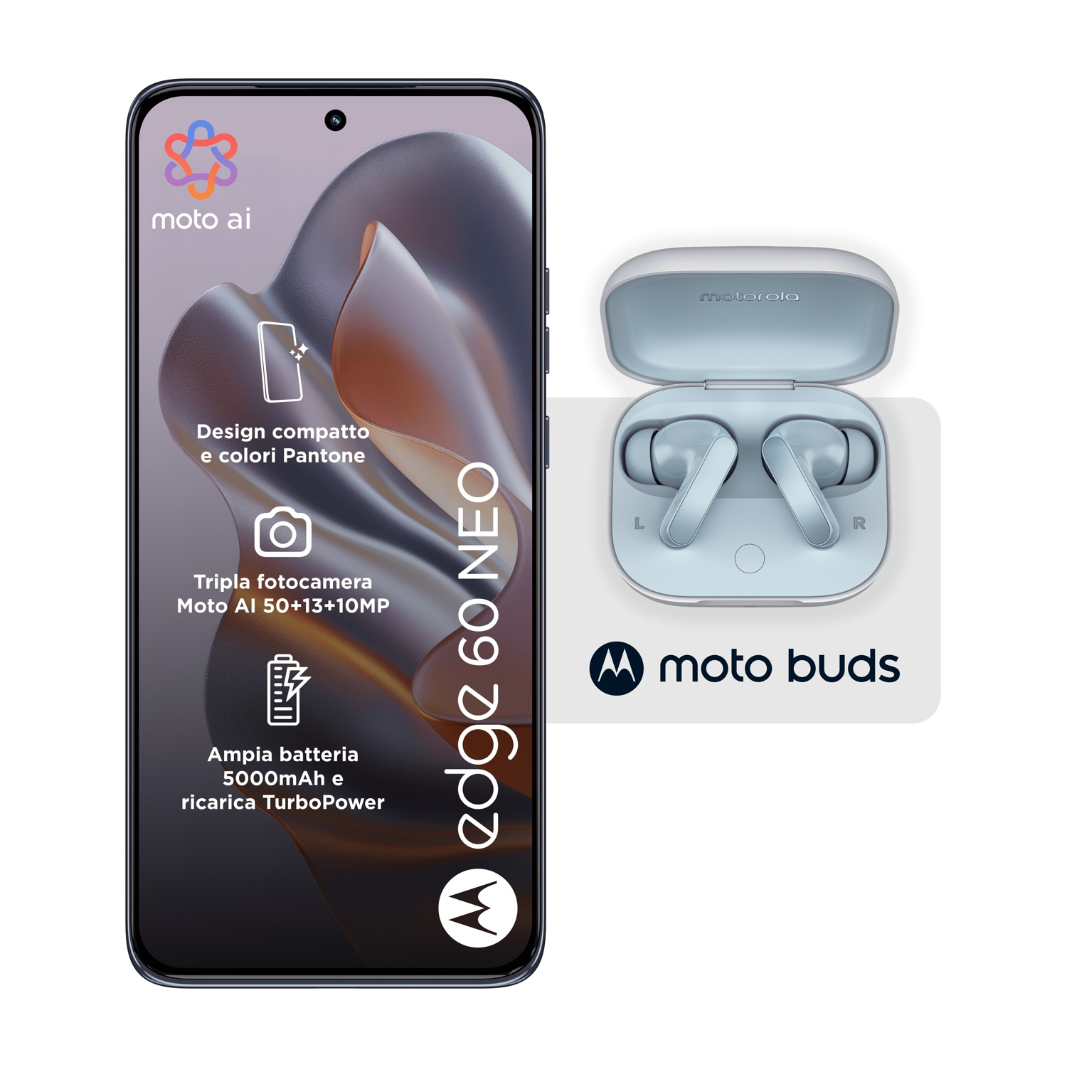 Vengono mostrati uno smartphone e auricolari. Il telefono mostra le funzionalità. Gli auricolari sono in una custodia aperta. Logo Motorola.