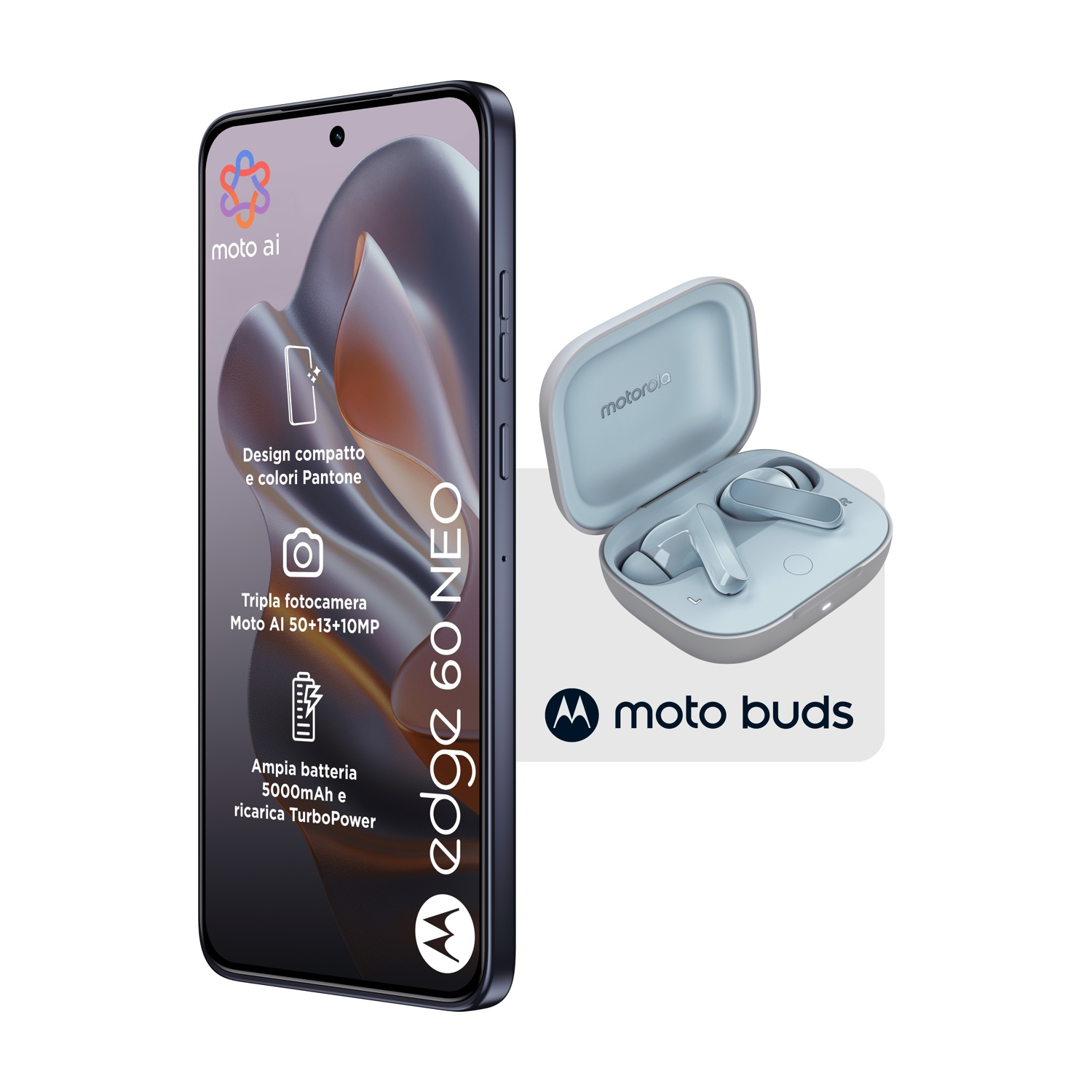 Un telefono Motorola Edge 60 Neo e Moto Buds in azzurro. Il telefono mostra le caratteristiche e il logo Moto è visibile.