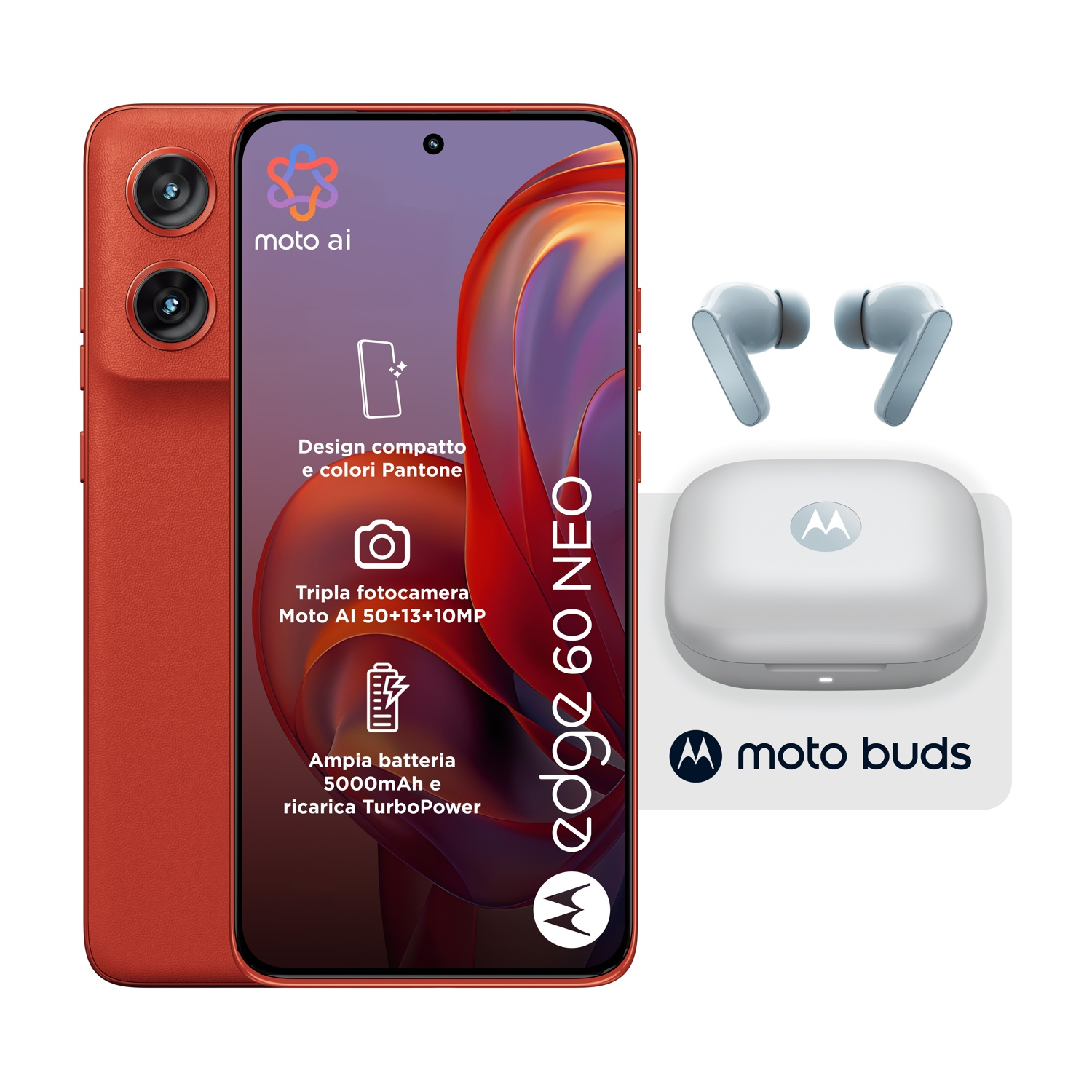 Uno smartphone arancione con display, accanto a auricolari e custodia di ricarica. Il telefono ha tre fotocamere.