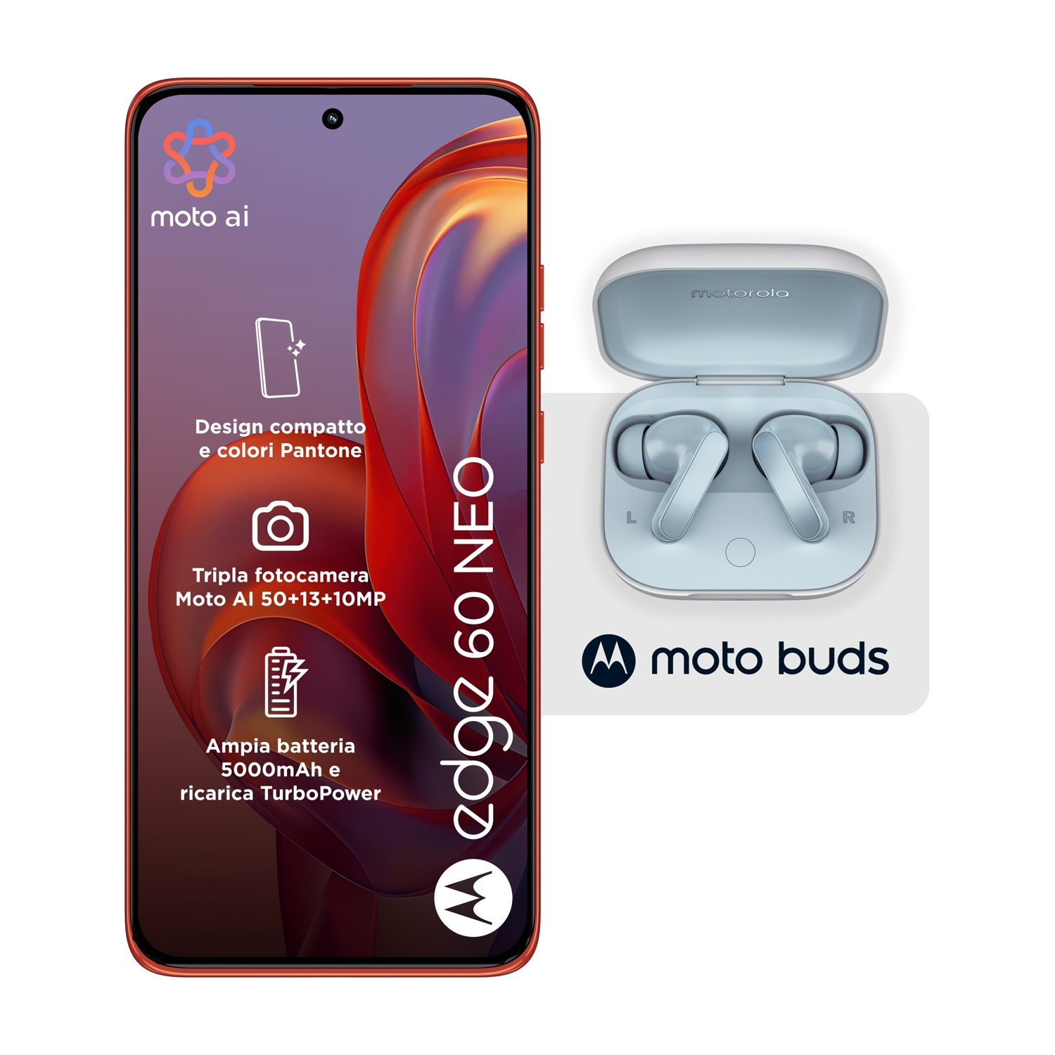 Uno smartphone Motorola Edge 60 Neo rosso e Moto Buds. Il telefono mostra le funzionalità e gli auricolari sono azzurri.