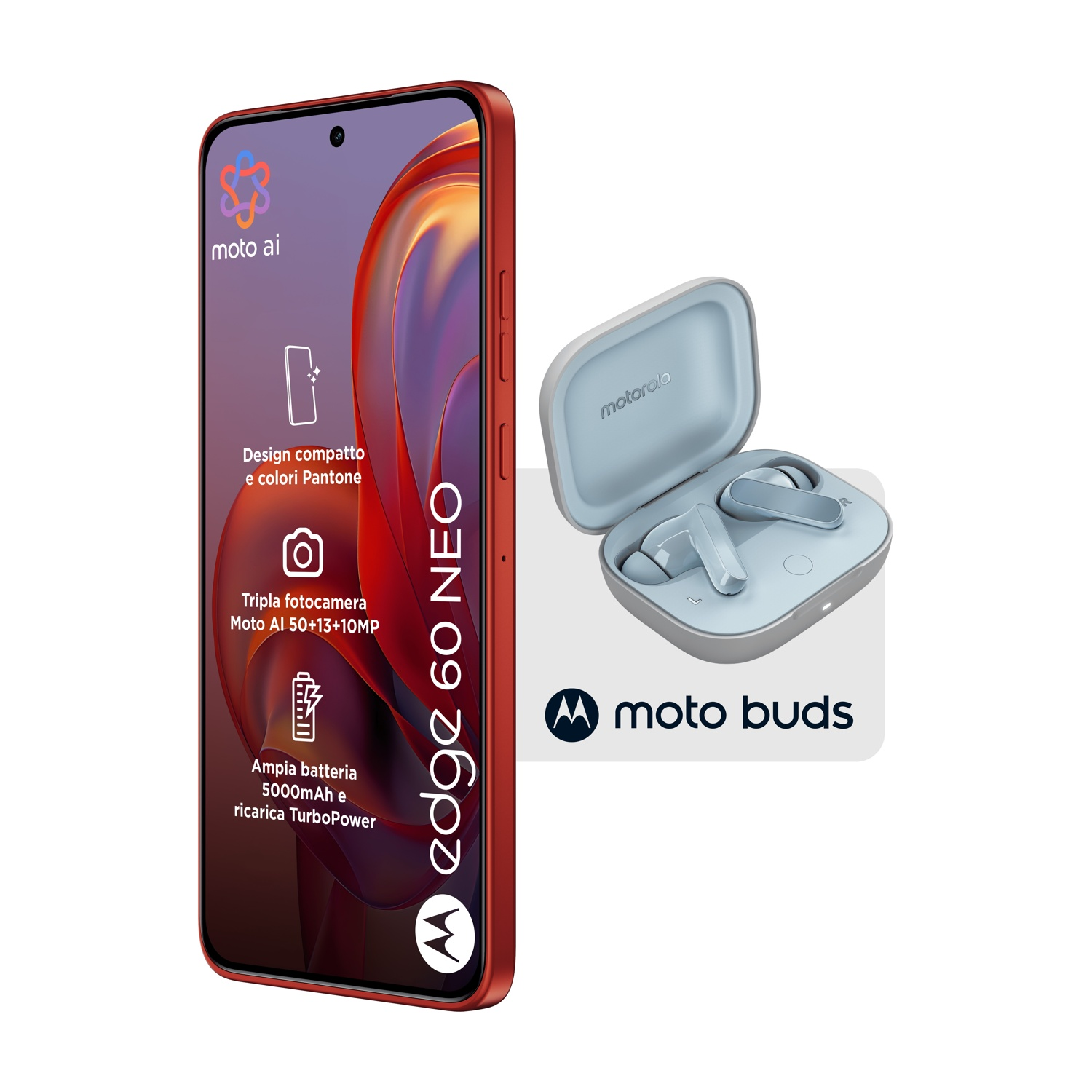 Un telefono rosso Motorola Edge 60 Neo e Moto Buds. Il telefono mostra le funzionalità, tra cui fotocamera, batteria e design.