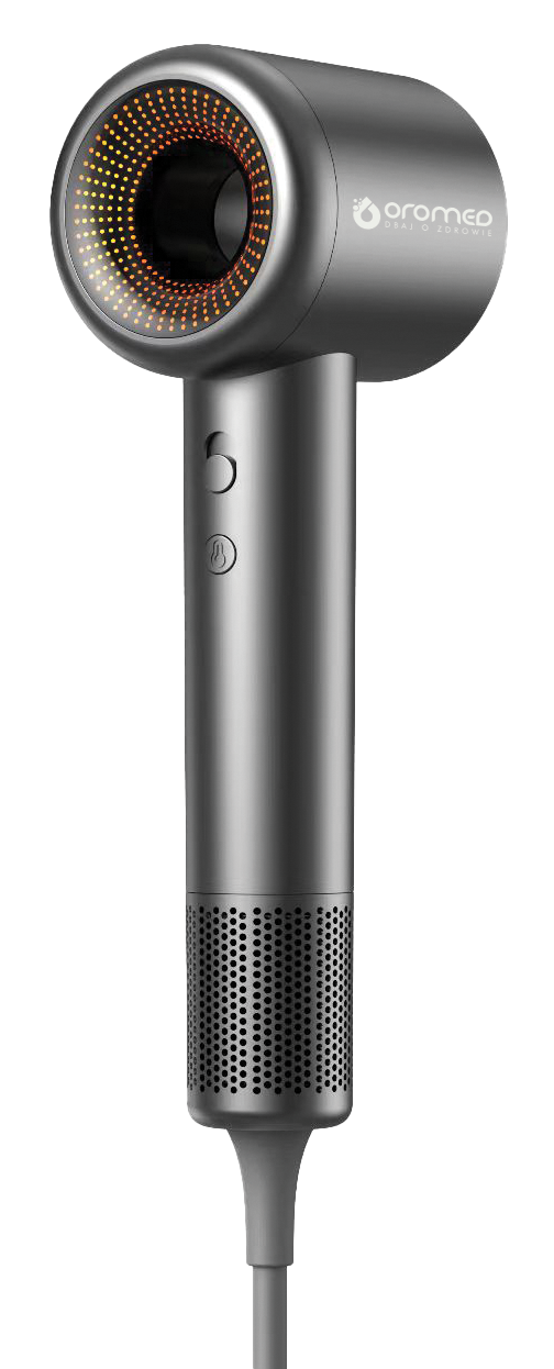 Srebrna suszarka do włosów z okrągłą głowicą i pomarańczowymi światłami. Posiada przyciski i perforowaną podstawę.