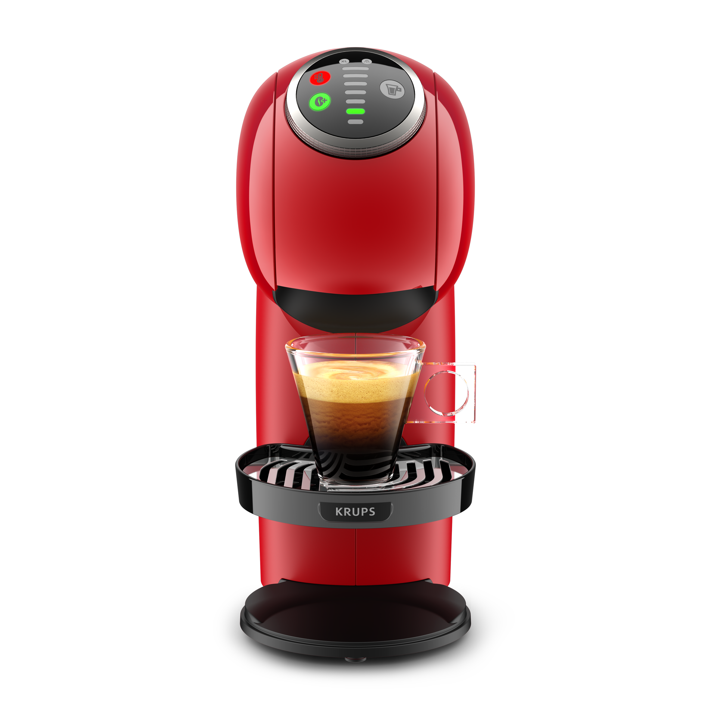 Cafetera roja Krups con un vaso de café. La máquina tiene un portavasos y un panel de control iluminado.