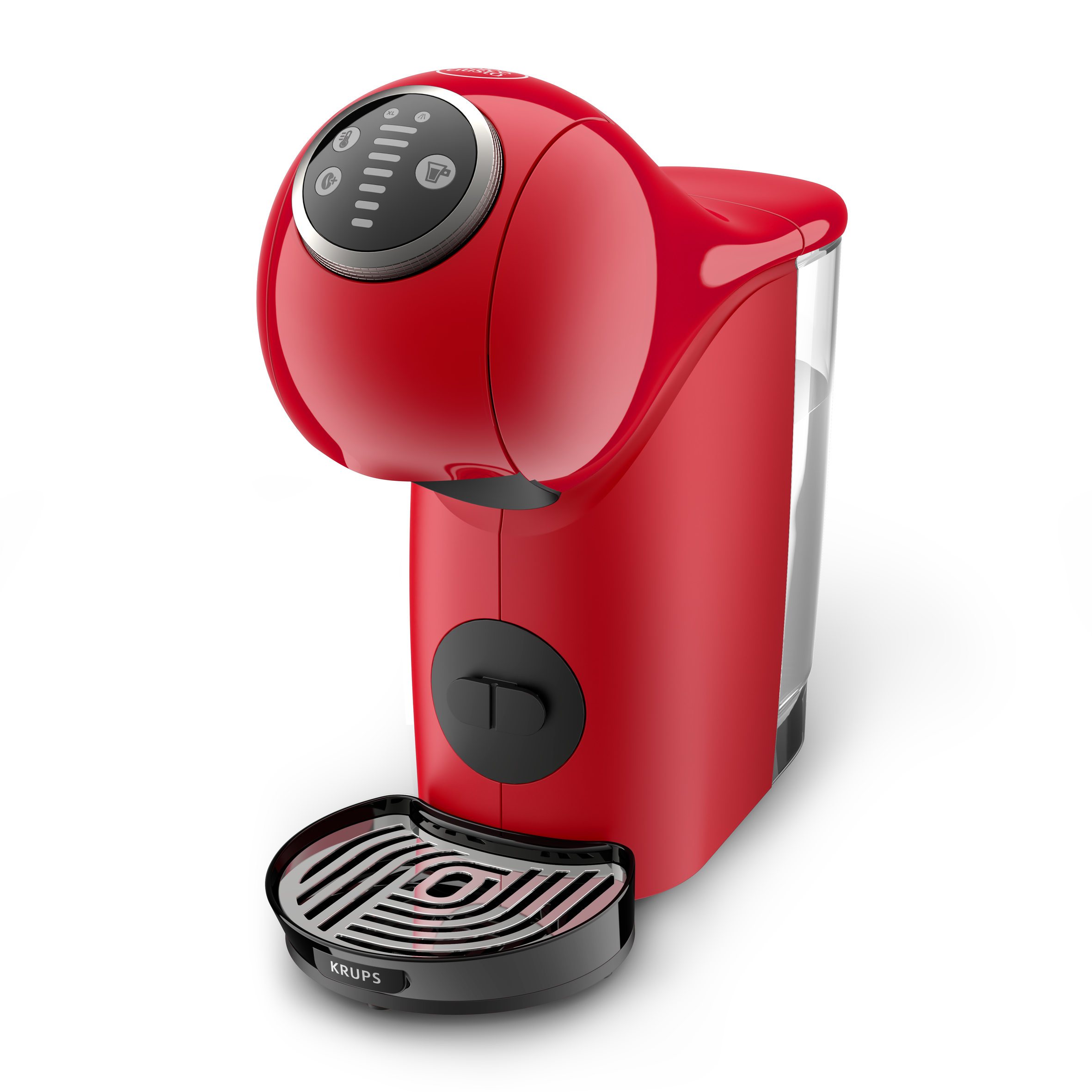 Cafetera Krups roja. Base negra, detalles plateados. Cuenta con botones y un depósito de agua. Fondo blanco.