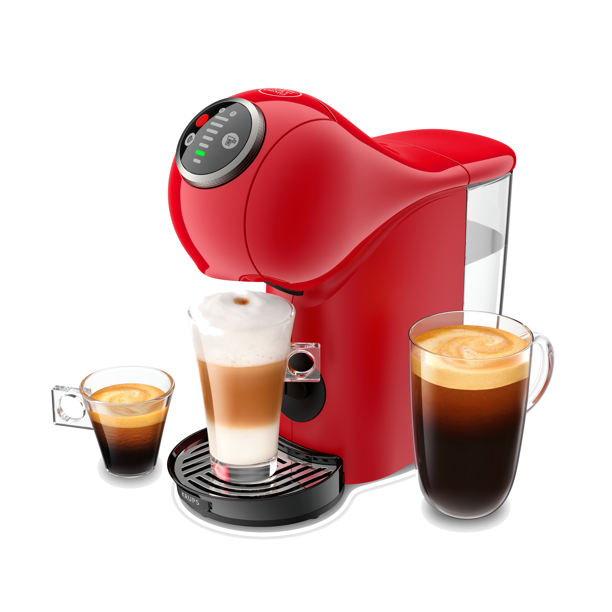 Máquina de café roja con tres bebidas de café, incluyendo espresso y latte, sobre un fondo negro.