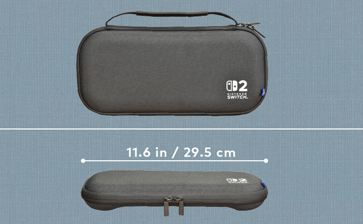 L'immagine mostra una custodia grigia per Nintendo Switch, con il logo Nintendo Switch. Sotto, sono indicate le dimensioni: 11,6 pollici / 29,5 cm.