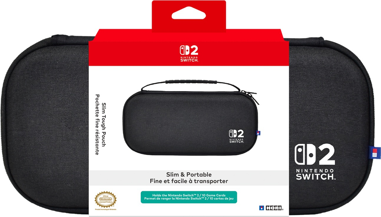 Custodia nera per Nintendo Switch con manico e confezione rossa. Testo: 'Nintendo Switch' e 'Slim & Portable'.